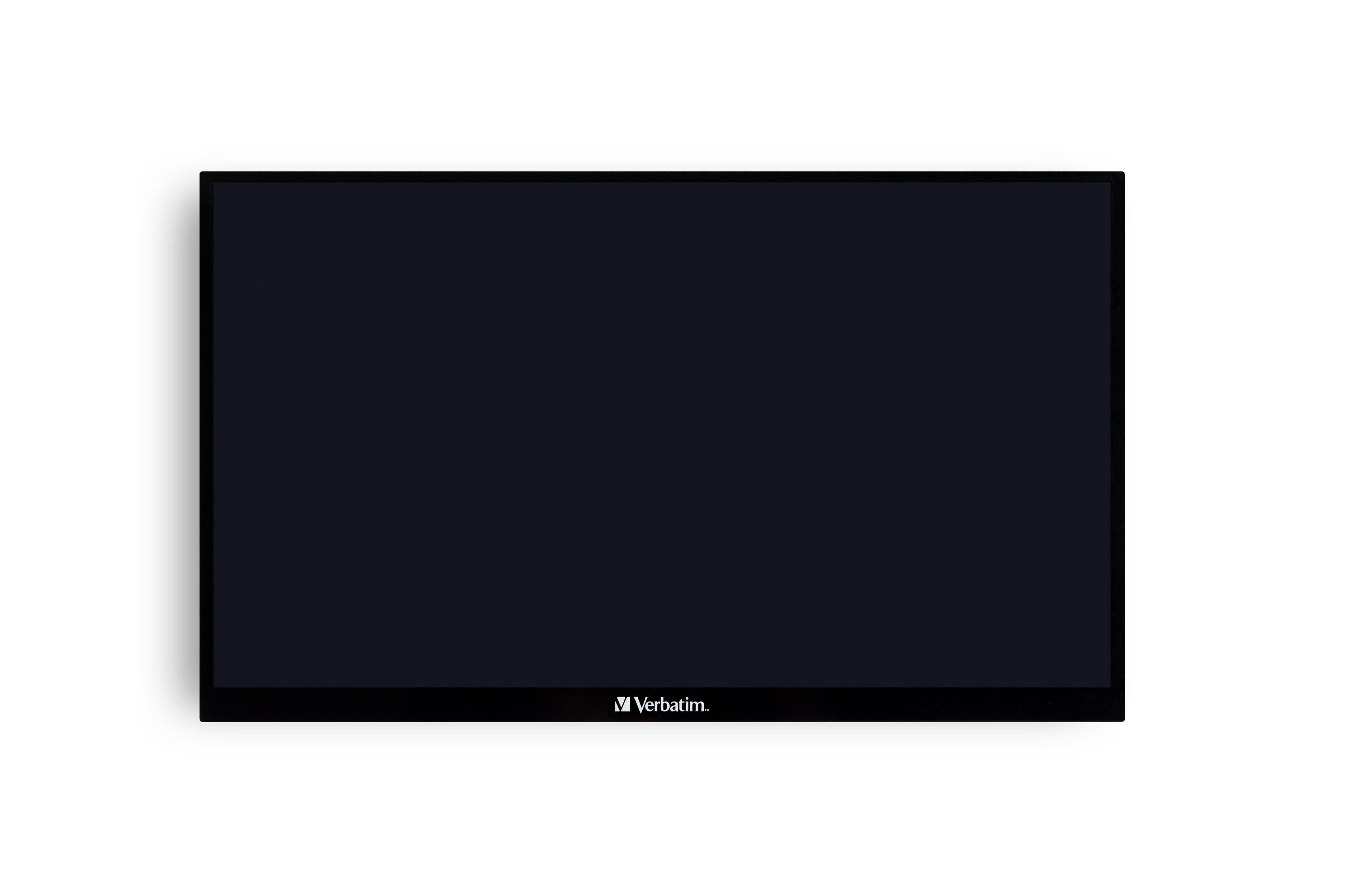 Czarny ekran telewizora Verbatim na białym tle.