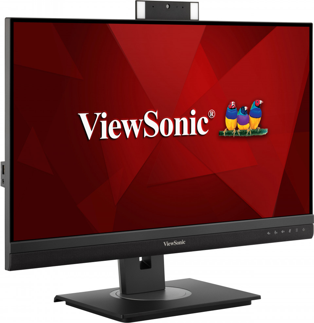 ViewSonic Monitor mit Logo, Webcam und farbenfrohem Bild.
