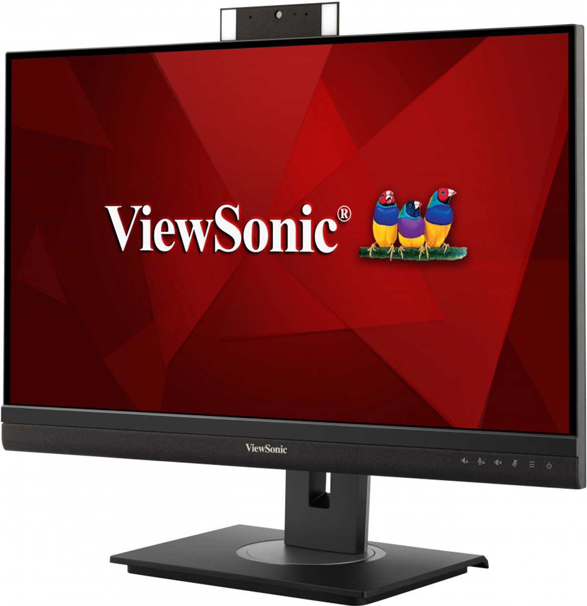Ein ViewSonic Computermonitor mit Webcam oben, der einen roten Hintergrund und ein Logo zeigt.