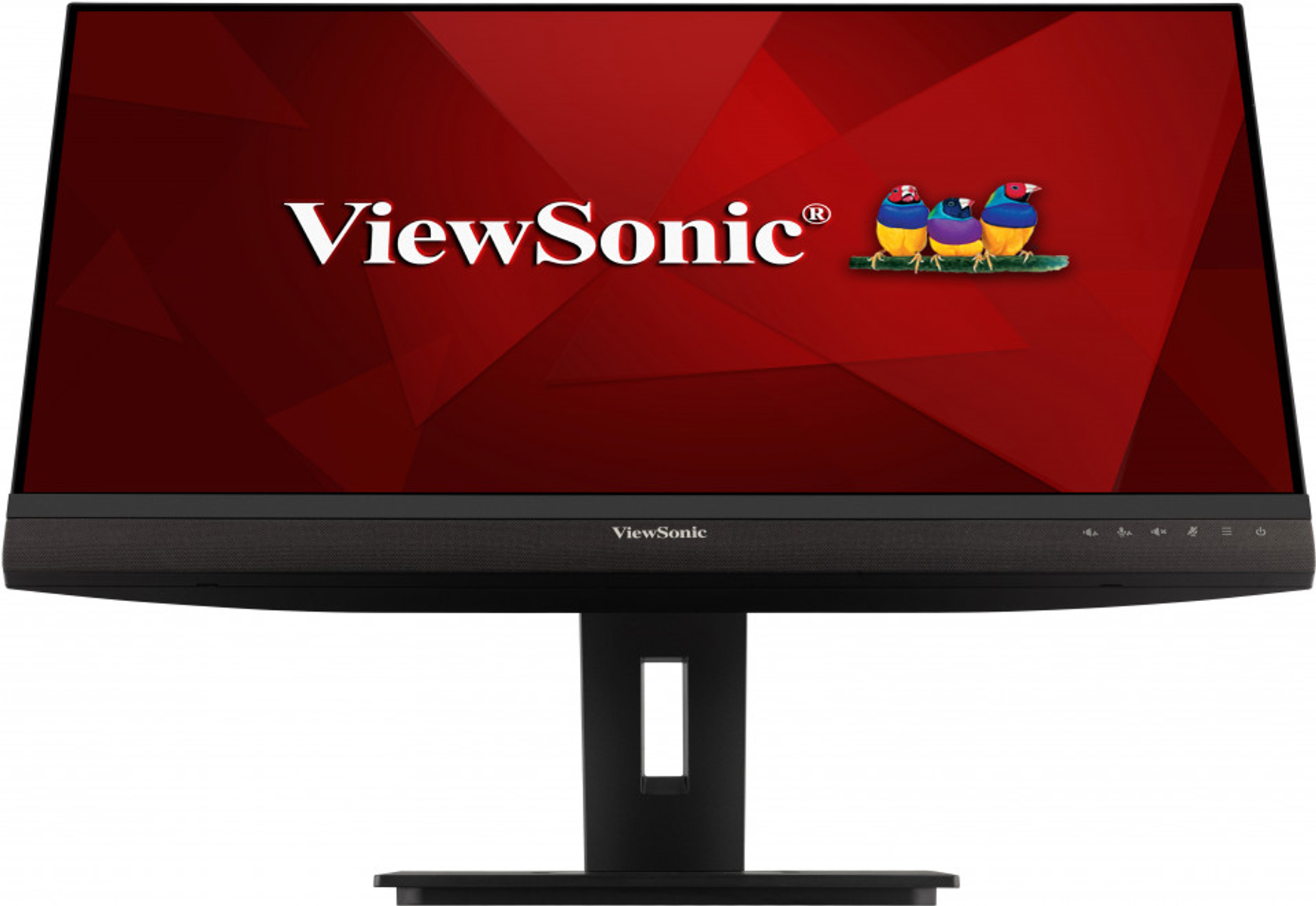 Ein Computermonitor mit dem ViewSonic-Logo auf rotem Hintergrund. Er hat einen schwarzen Rahmen.