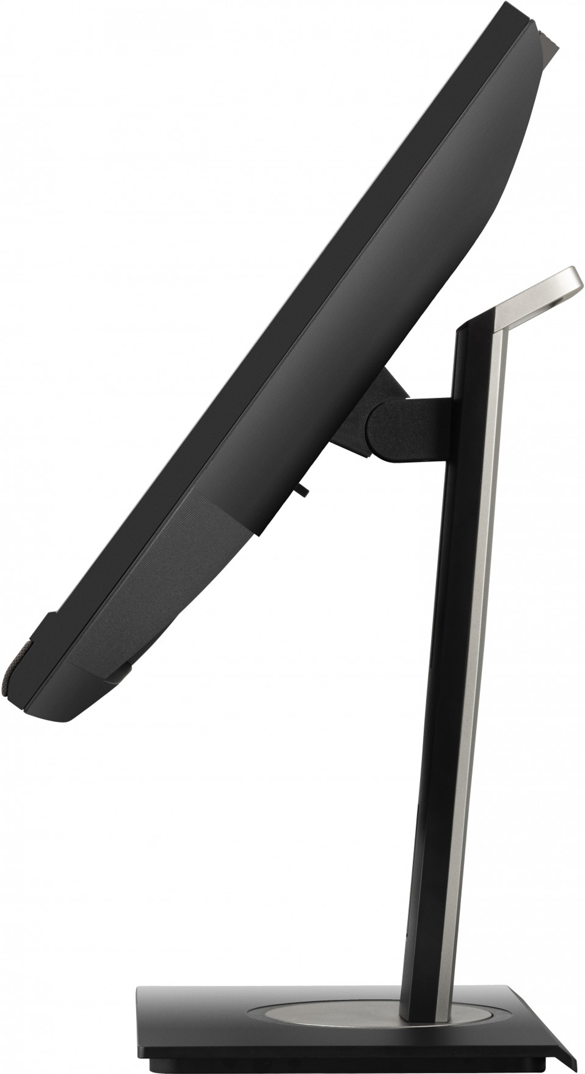 Ein Computermonitor, Seitenansicht, schwarzer Rahmen, Ständer. Silberner Fuß, schwarzer Körper, geneigter Bildschirm.