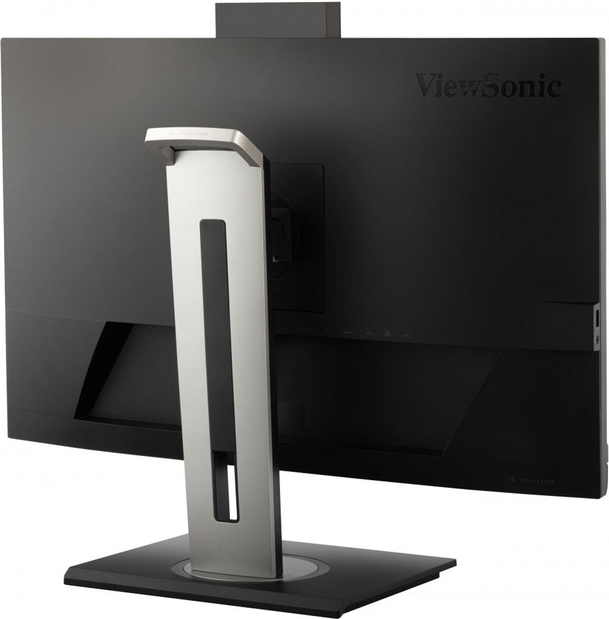 Rückseite eines schwarzen Computermonitors mit silbernem Ständer. ViewSonic-Logo sichtbar.