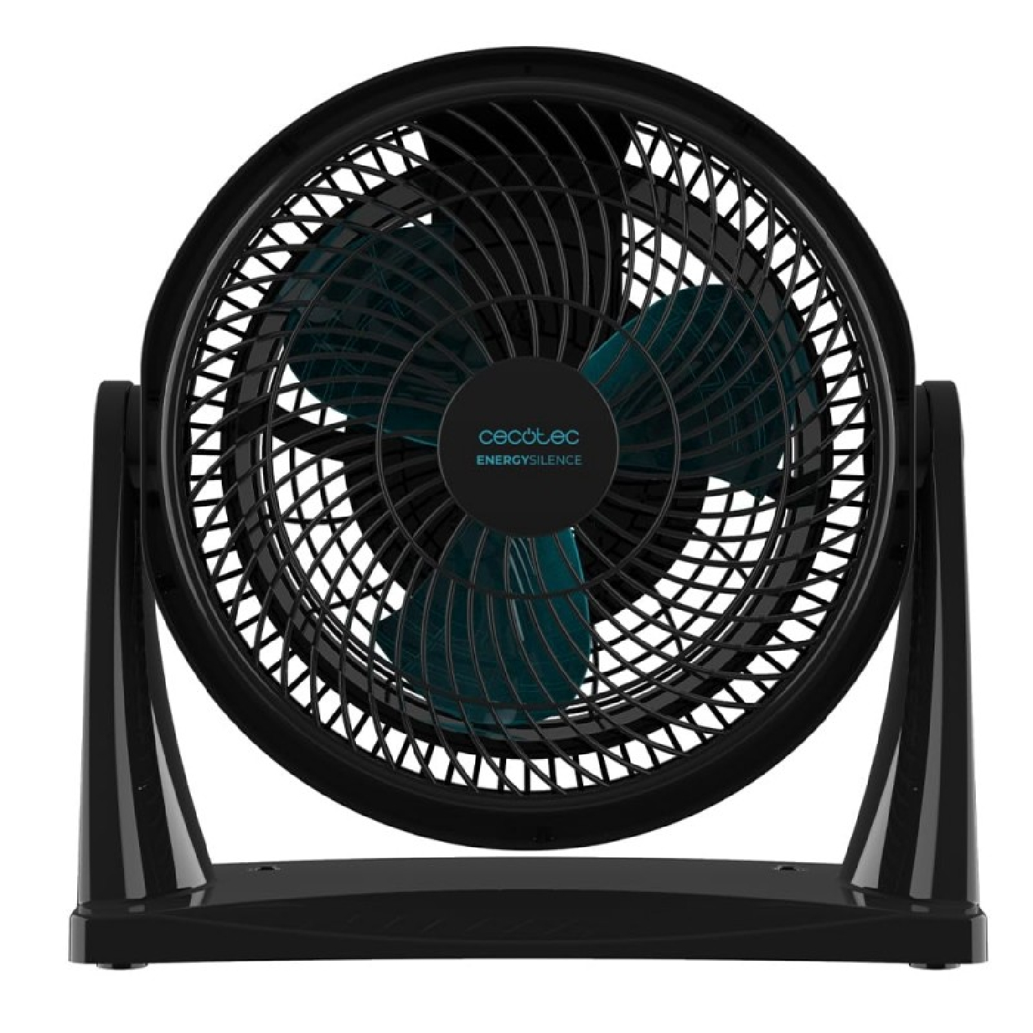 Un ventilatore da scrivania nero con pale blu e una gabbia nera, il marchio è cecotec.
