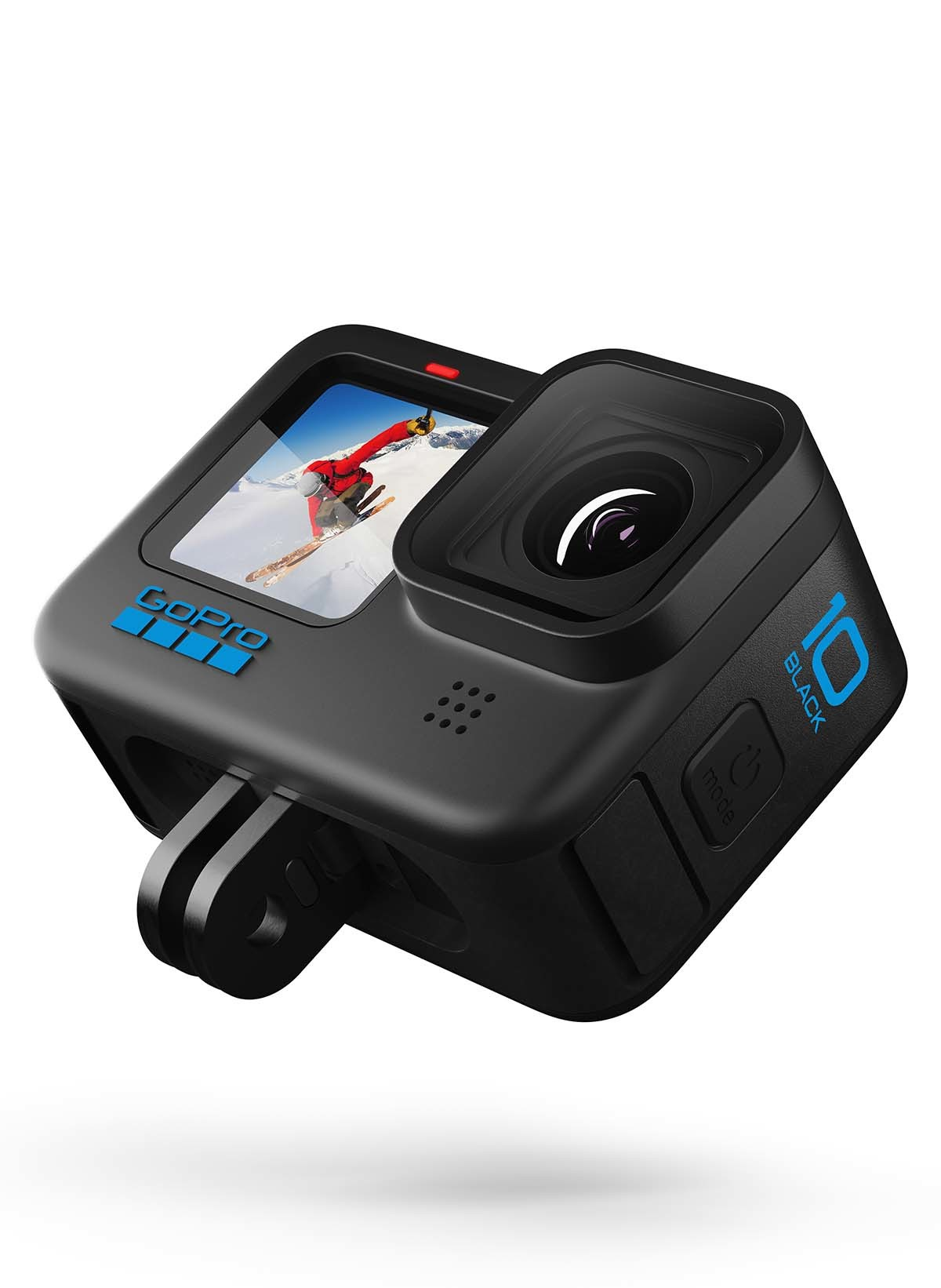 Une caméra GoPro noire avec un écran montrant un skieur. Logo GoPro bleu sur le devant, fond blanc.