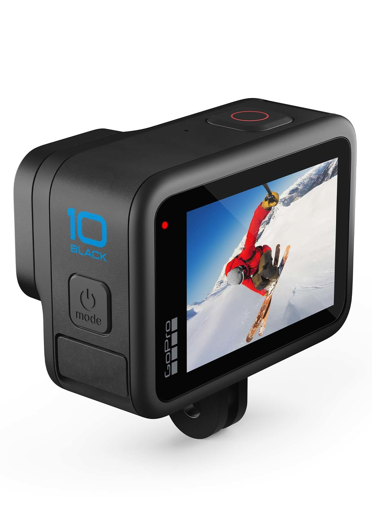 Caméra d'action GoPro 10 noire avec un bouton d'enregistrement rouge, montrant un skieur à l'écran.