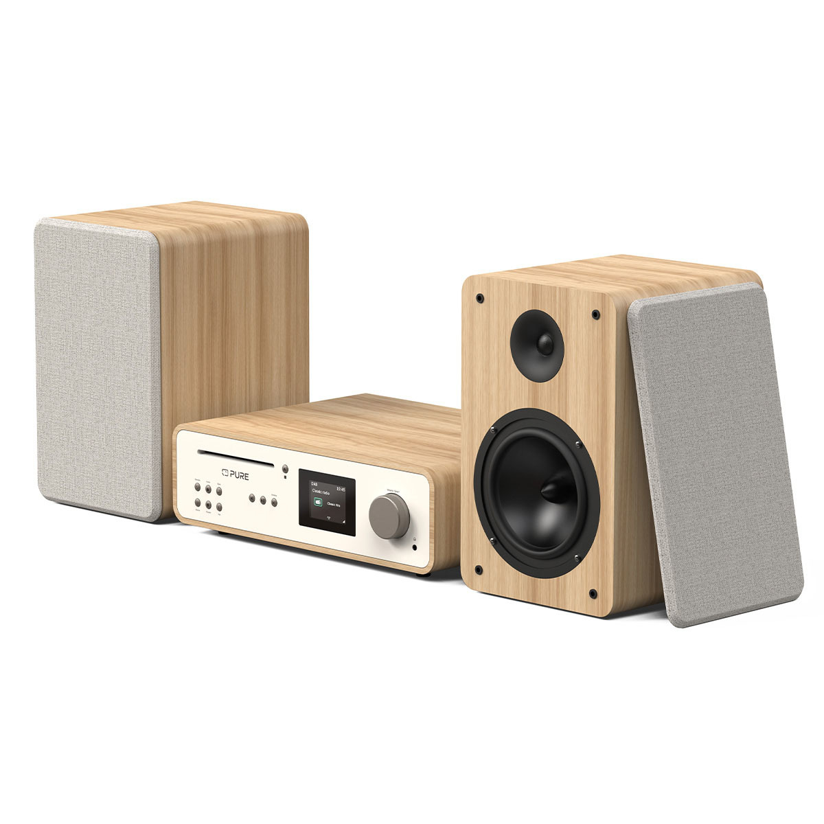 Viene visualizzato un sistema stereo in legno. È composto da due altoparlanti, un'unità centrale con display e una copertura per altoparlanti staccata.
