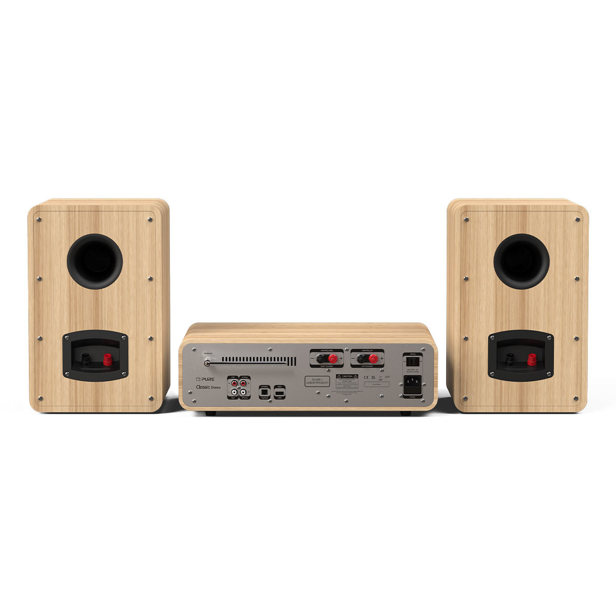 Un sistema stereo con due altoparlanti in legno e un amplificatore abbinato. Gli altoparlanti hanno aperture circolari nere e connettori rossi/neri.