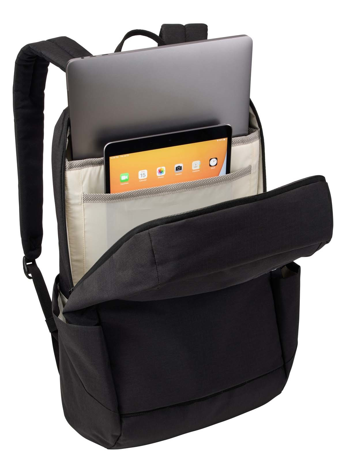 Schwarzer Rucksack mit Laptop und Tablet. Innen beige.