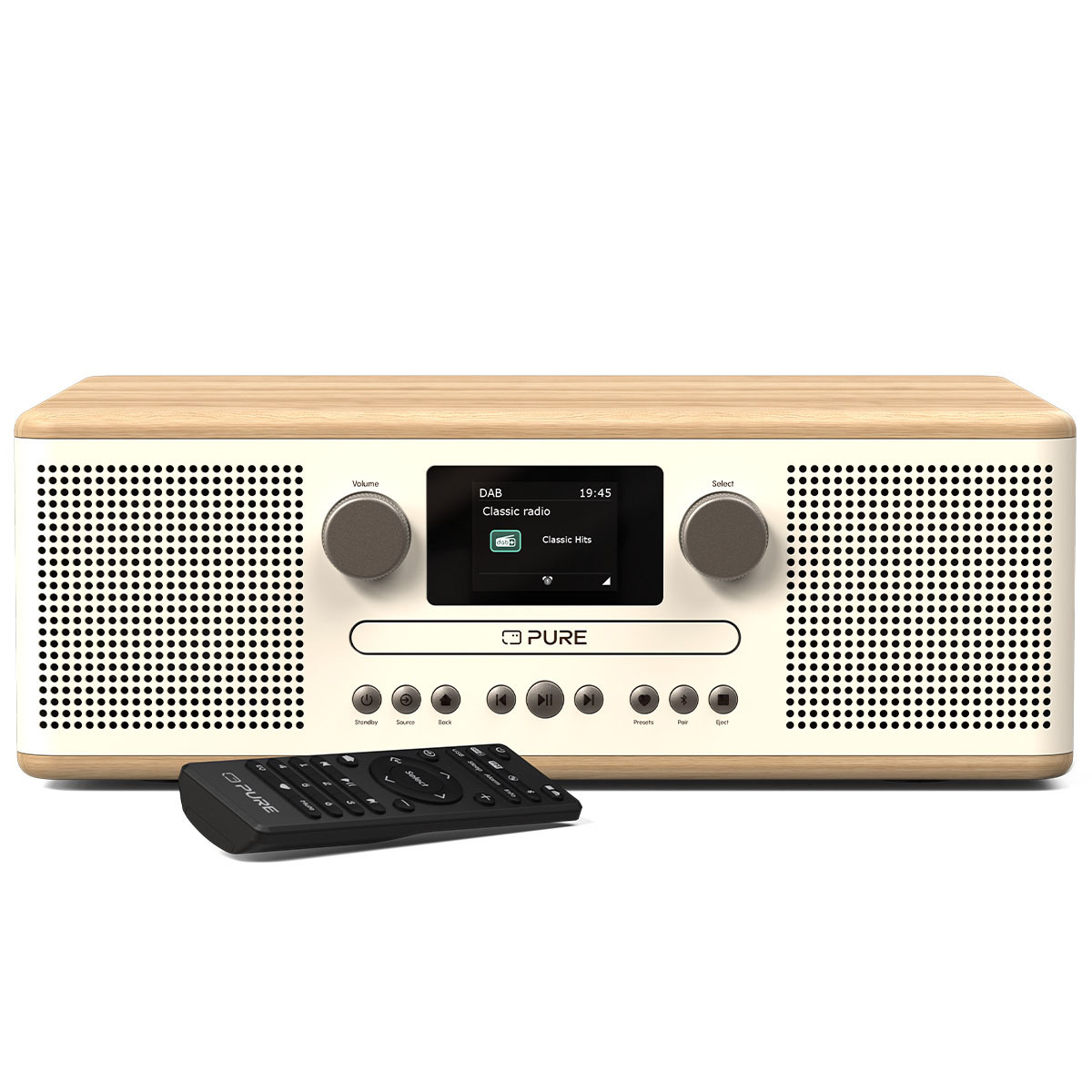Digitalradio mit Holzoberteil, cremefarbener Front und schwarzer Fernbedienung. Der Bildschirm zeigt DAB-Radioinformationen. Tasten sind vorhanden.
