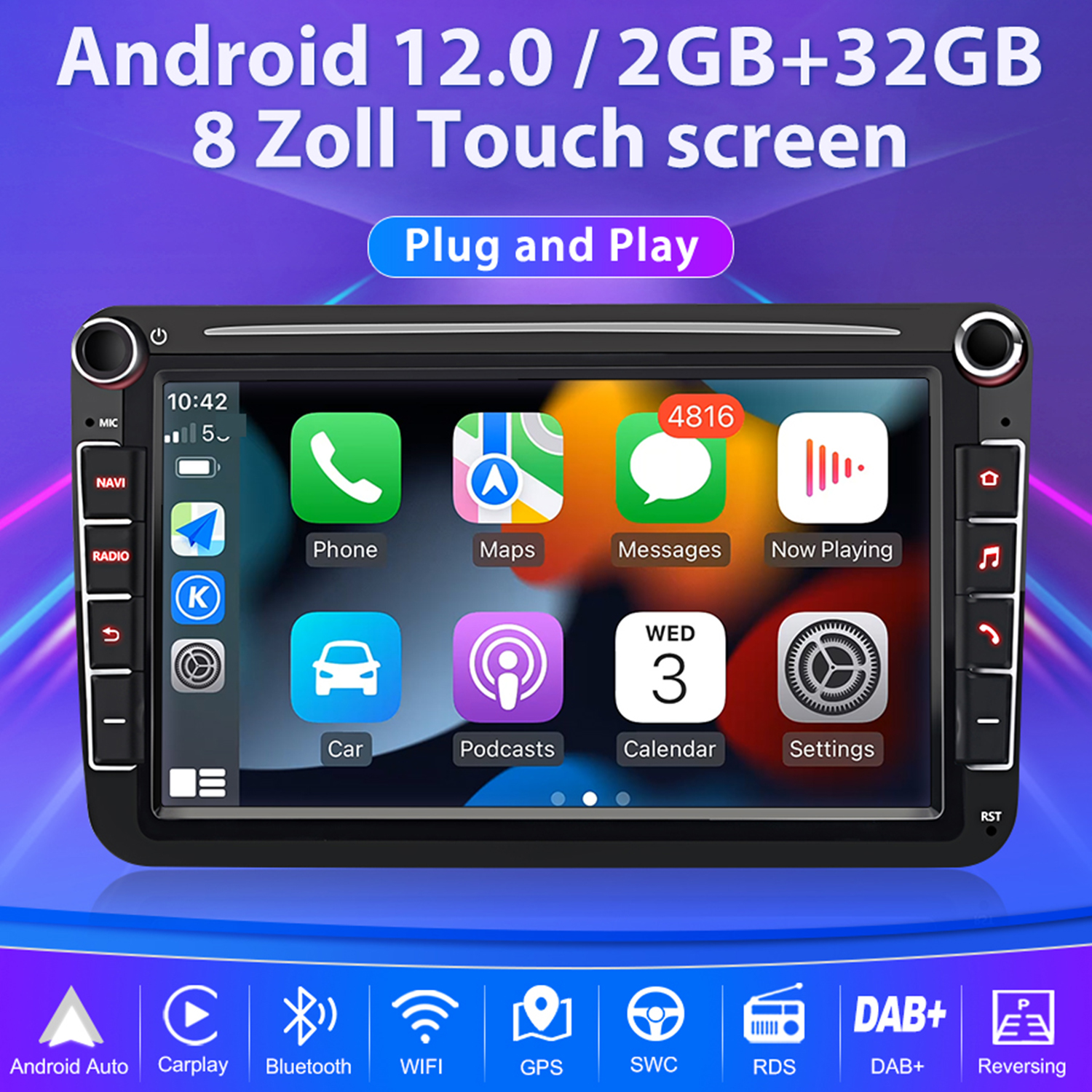Autoradio mit Touchscreen-Display. Zeigt Symbole für Telefon, Karten, Nachrichten und Einstellungen.