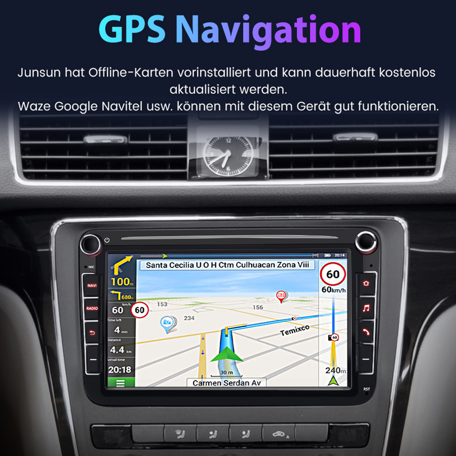 Anzeige des Navigationssystems im Auto. Zeigt eine Karte mit Wegbeschreibungen und Geschwindigkeitsbegrenzungen.
