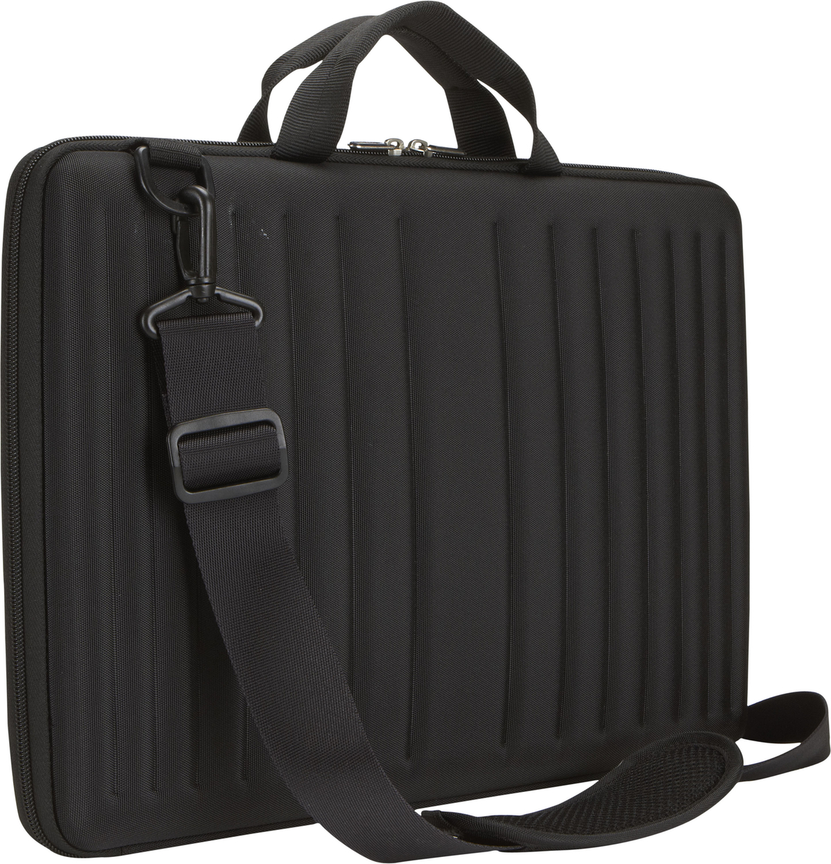 Black laptop bag with handle and shoulder strap. Vertical ridges cover the bag's surface.