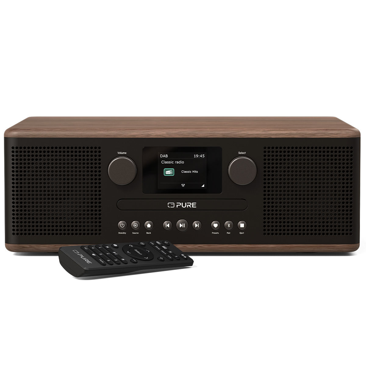 Ein braunes und schwarzes Pure-Radio mit Fernbedienung. Der Bildschirm zeigt DAB und Classic Hits. Lautstärke- und Auswahltasten sind sichtbar.