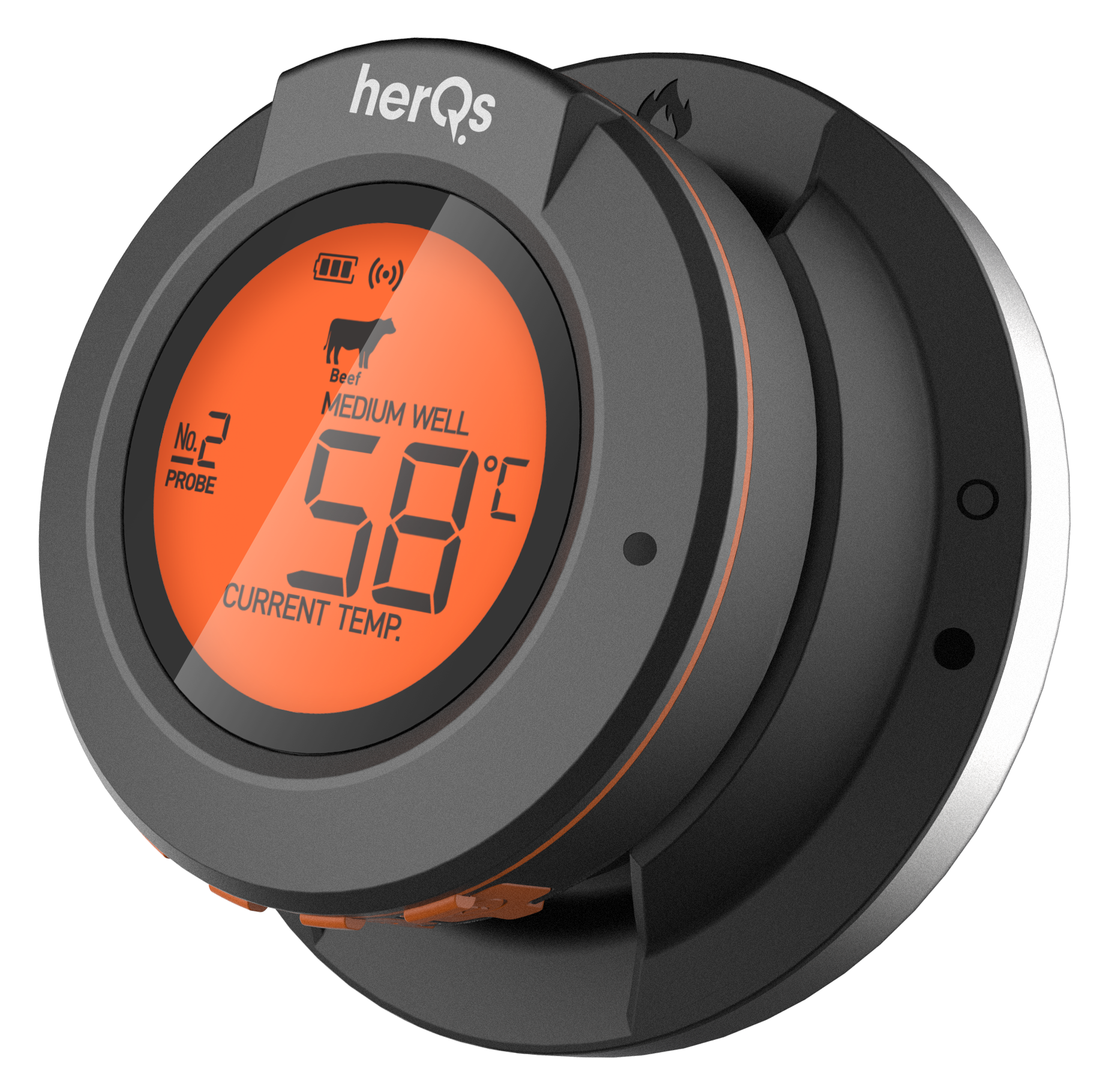 Cirkelvormige zwarte vleesthermometer met oranje scherm, toont de temperatuur.