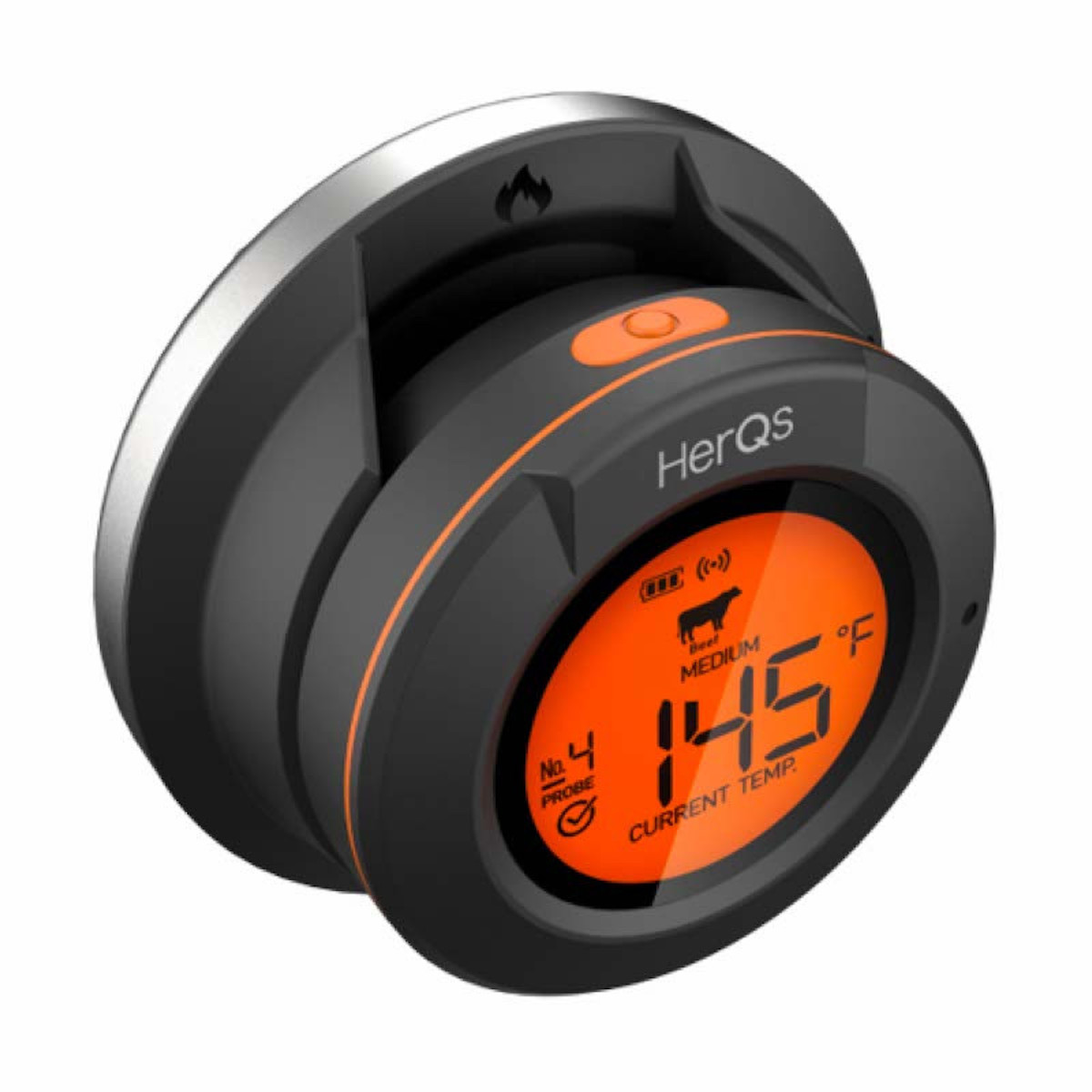 Digitale thermometer met temperatuurweergave. Zwart en oranje, cirkelvormig ontwerp. Witte achtergrond.