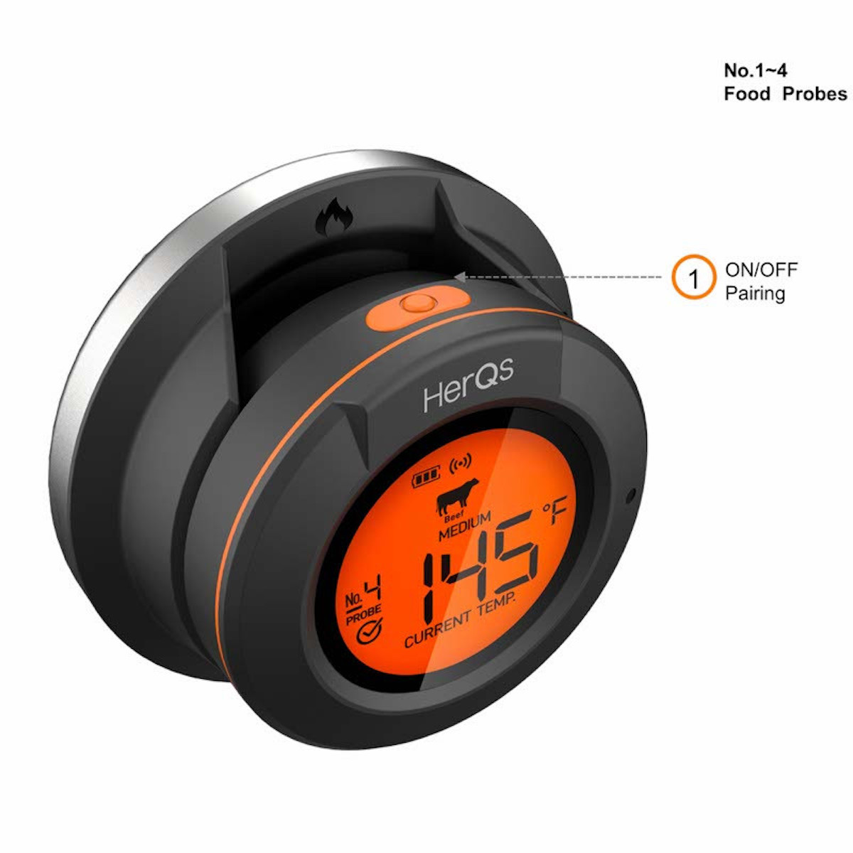 Een zwart-oranje cirkelvormig apparaat met een digitaal display dat temperatuur en sondenummer weergeeft.