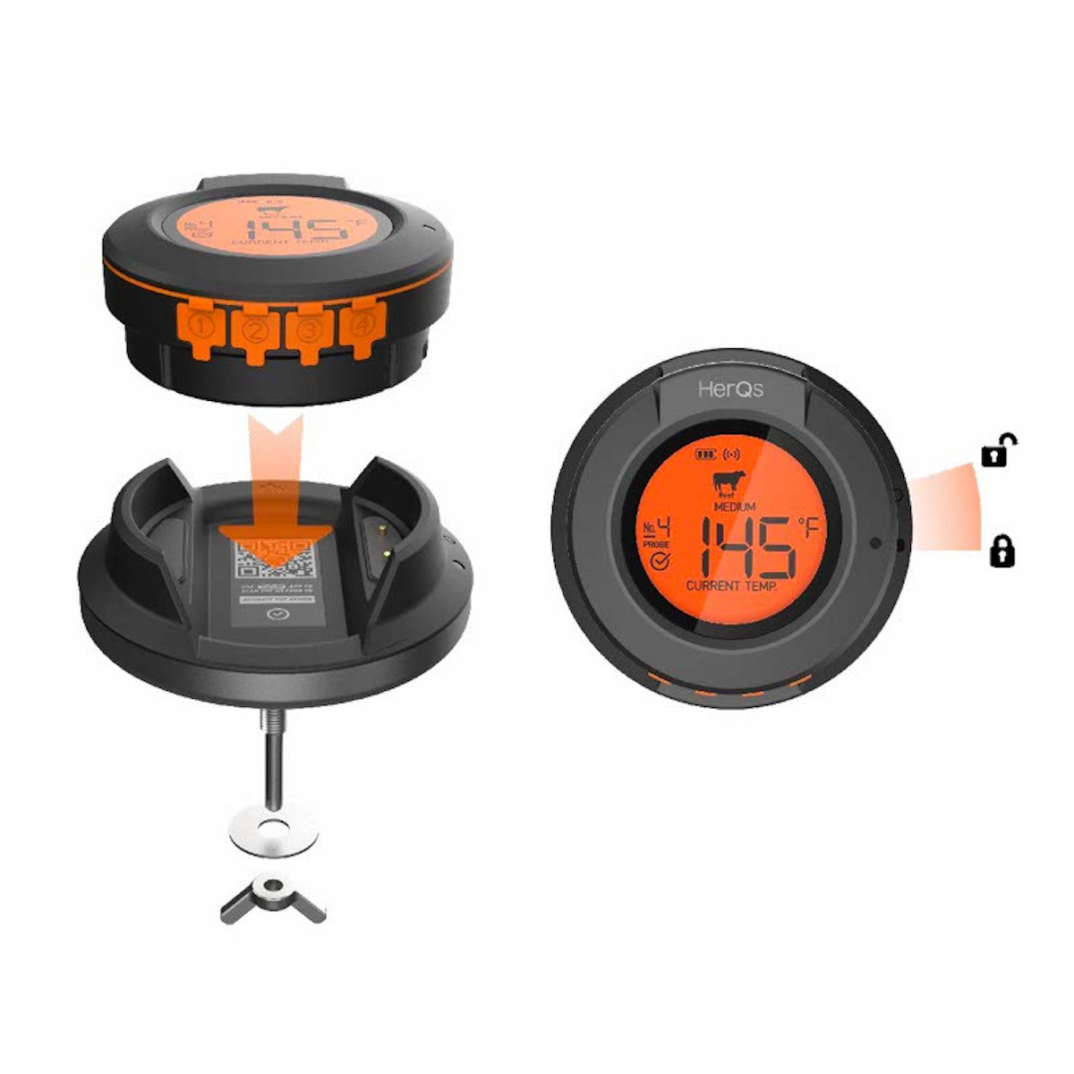 Zwarte en oranje vleesthermometer met display van 145°F en knoppen.