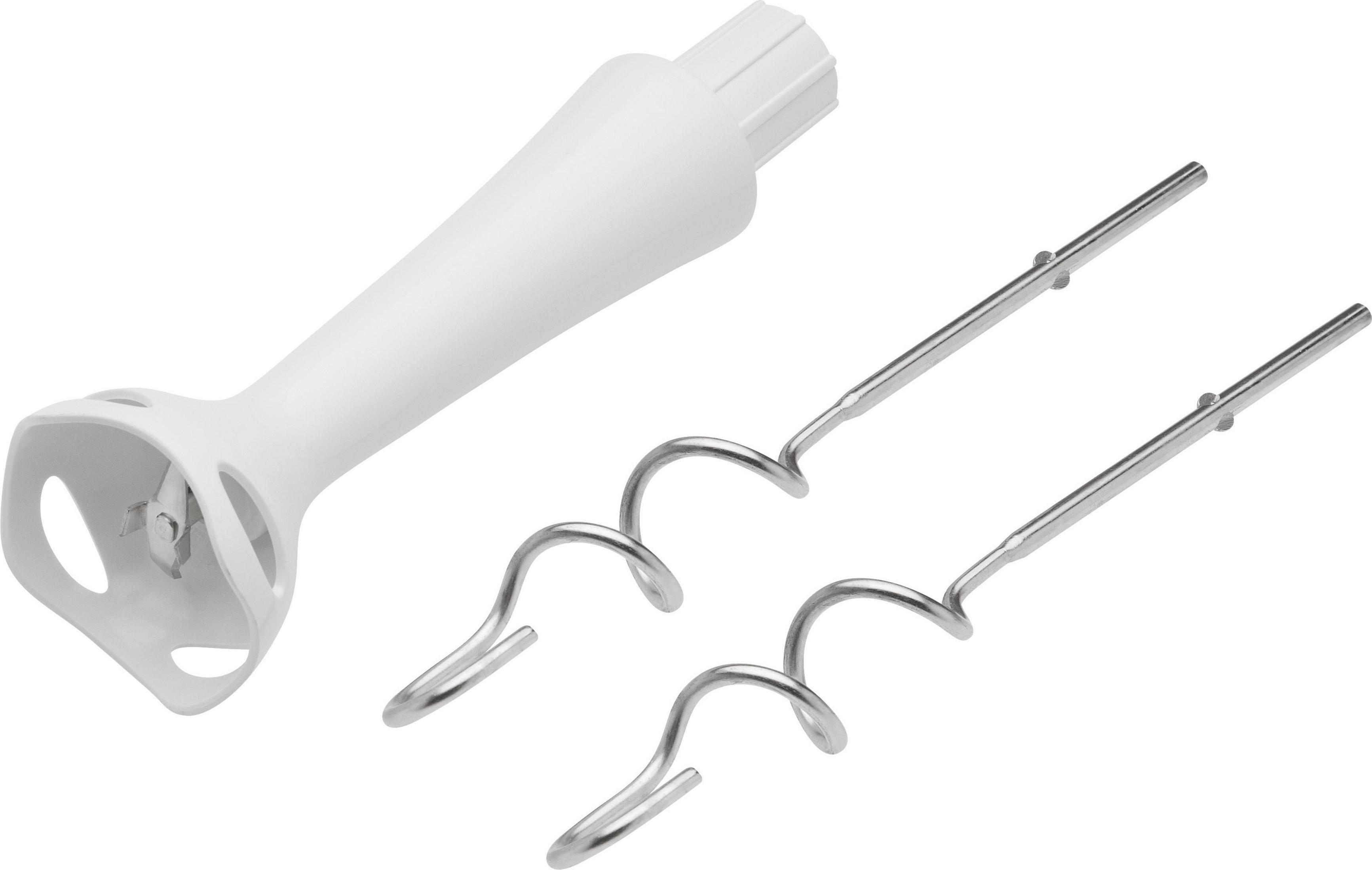 Biały blender ręczny z dwoma metalowymi przystawkami na białej powierzchni.