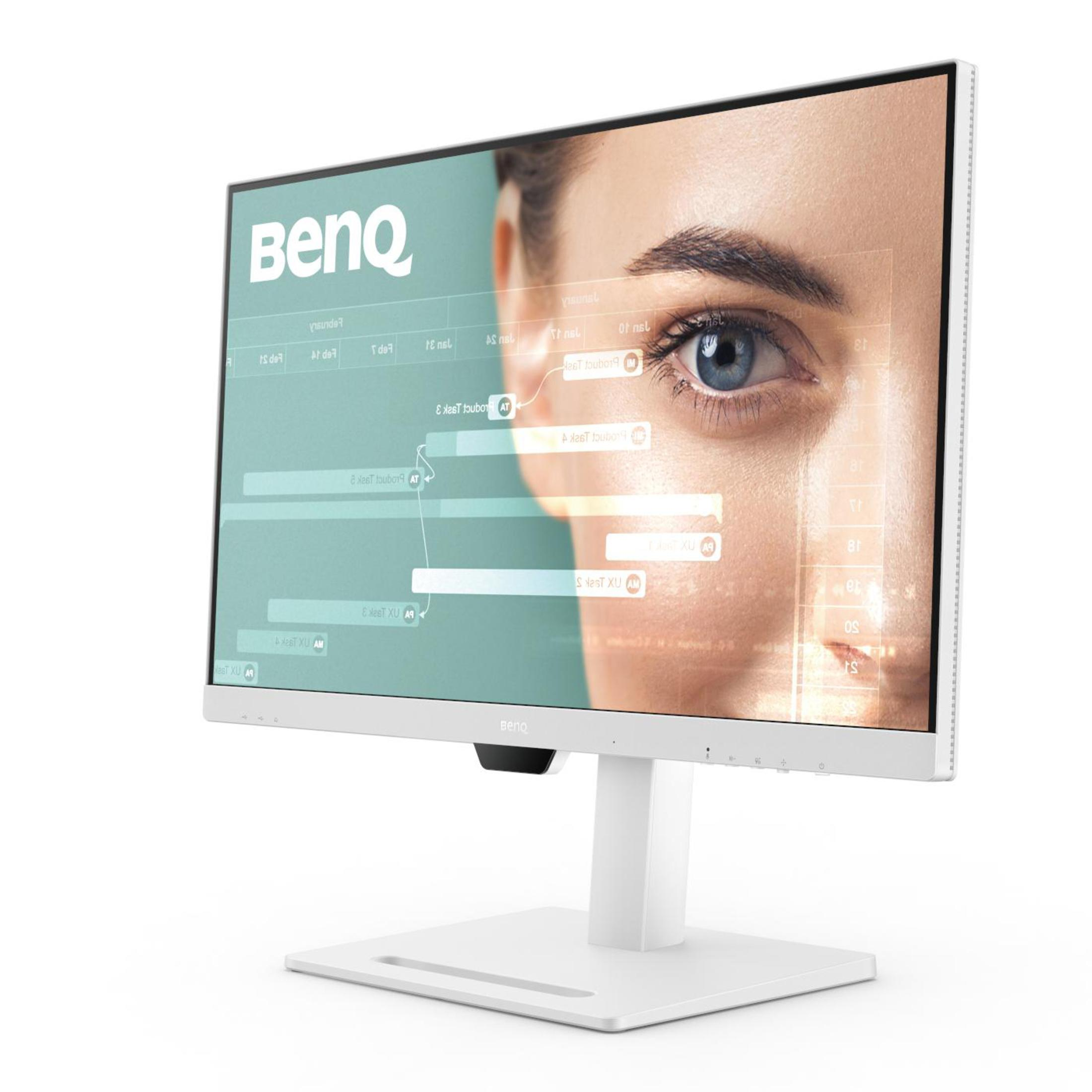 Biały monitor BenQ wyświetlający oko kobiety i dane. Biała podstawa. Białe tło.