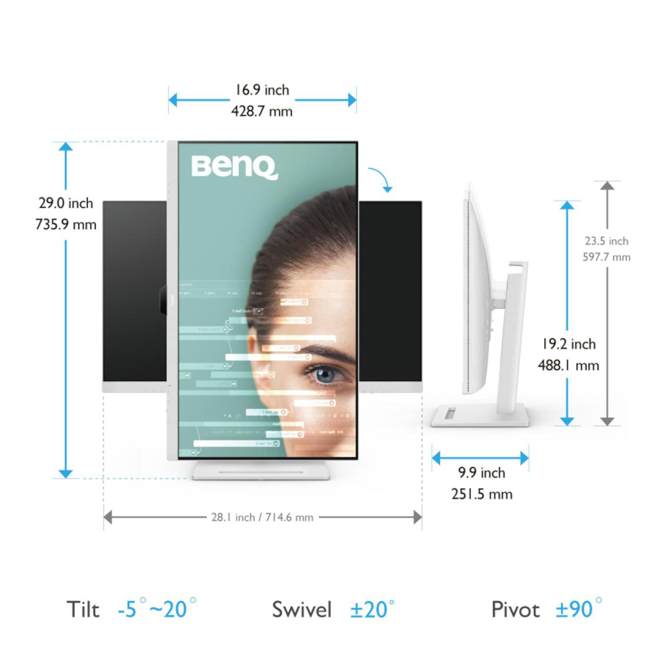 Trzy monitory komputerowe, dwa czarne i jeden z twarzą kobiety, z wymiarami.