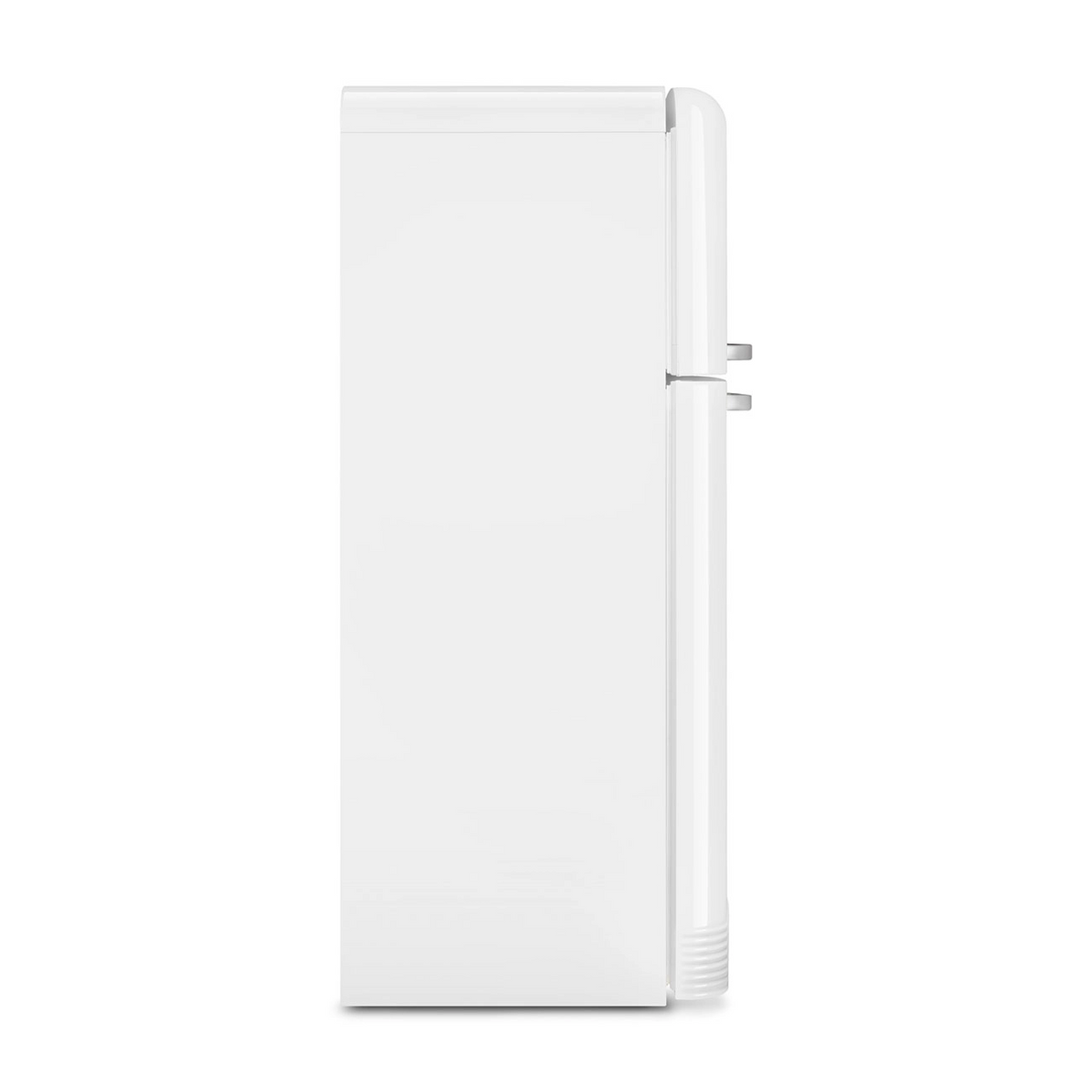 Un refrigerador blanco, vista lateral, con diseño retro.