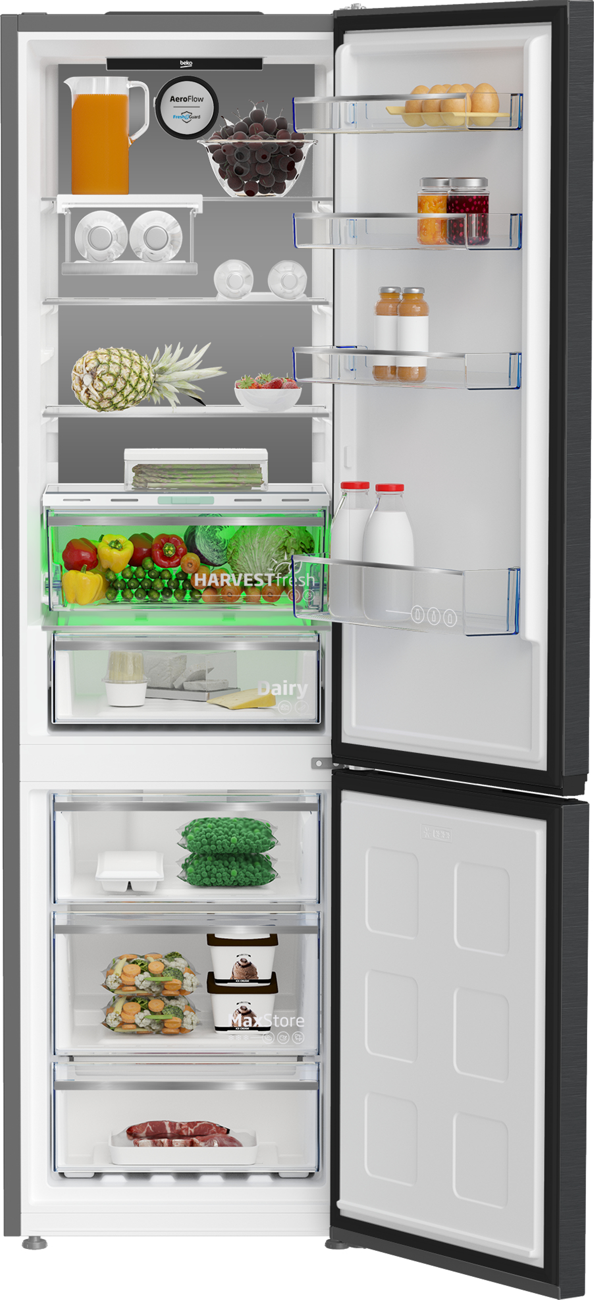 Otwarta lodówka wypełniona jedzeniem. Warzywa, napoje, nabiał i mrożonki. Białe wnętrze.