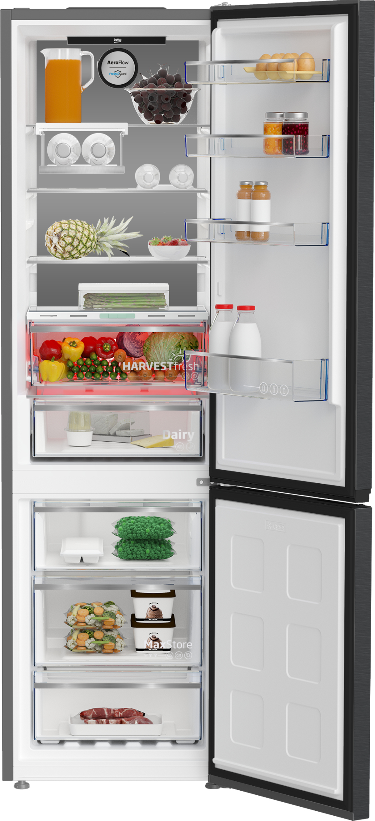 Nowoczesna lodówka z otwartymi drzwiami, wypełniona żywnością. Zawiera szuflady, półki i pojemniki.