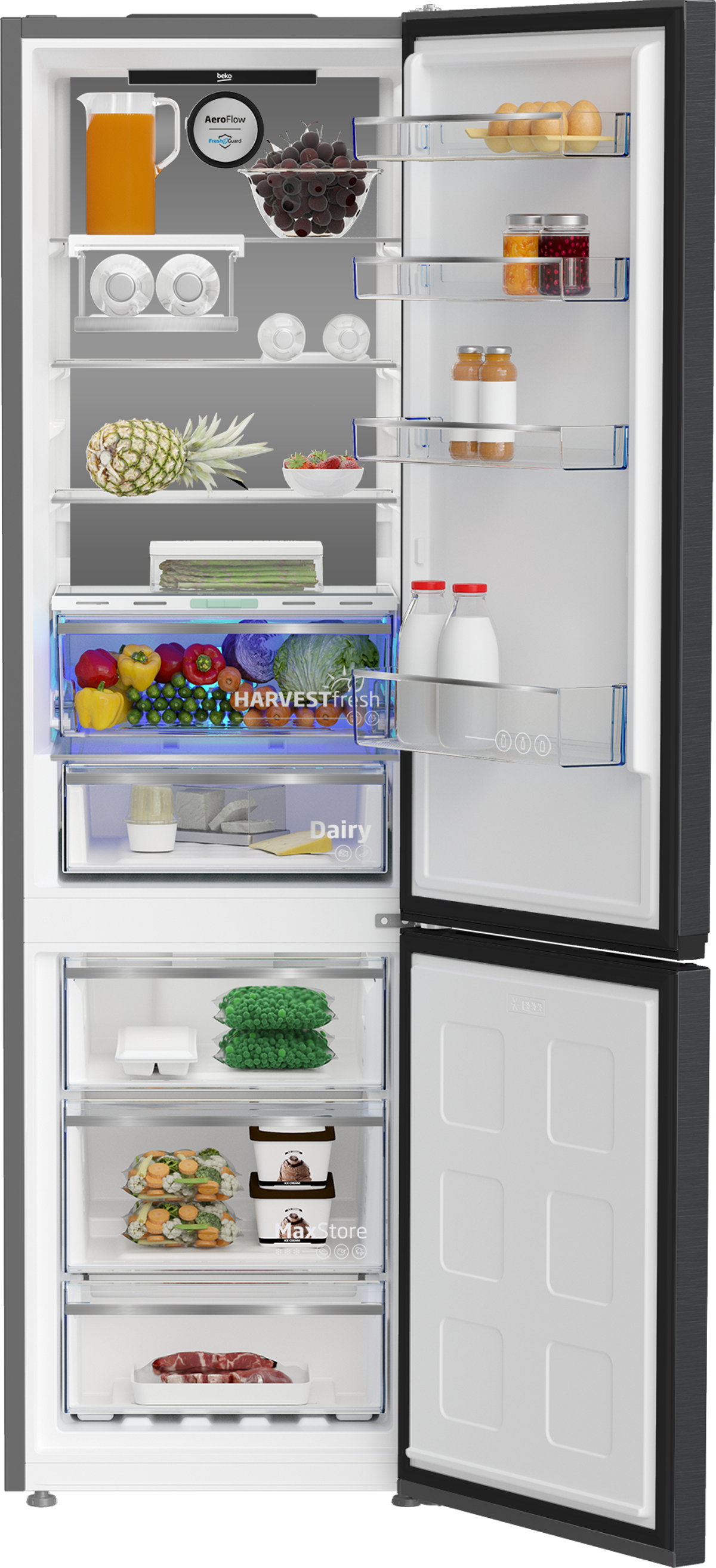 Lodówka, otwarta, aby pokazać jej wnętrze, wypełniona artykułami spożywczymi i półkami.