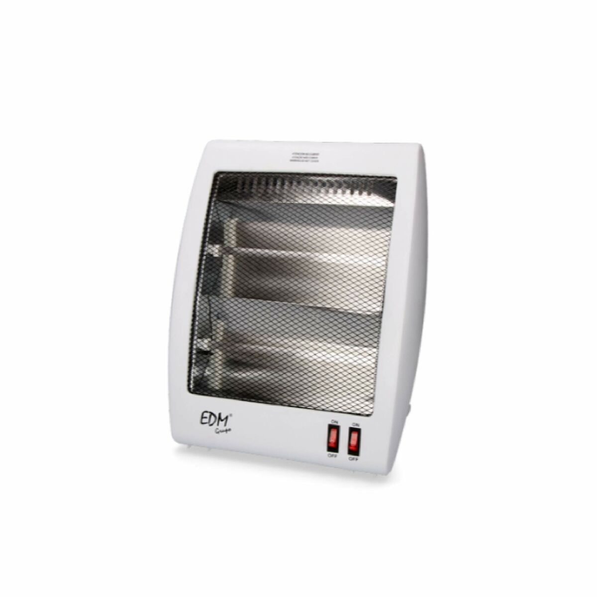 Calentador eléctrico blanco con dos interruptores rojos y una rejilla metálica.