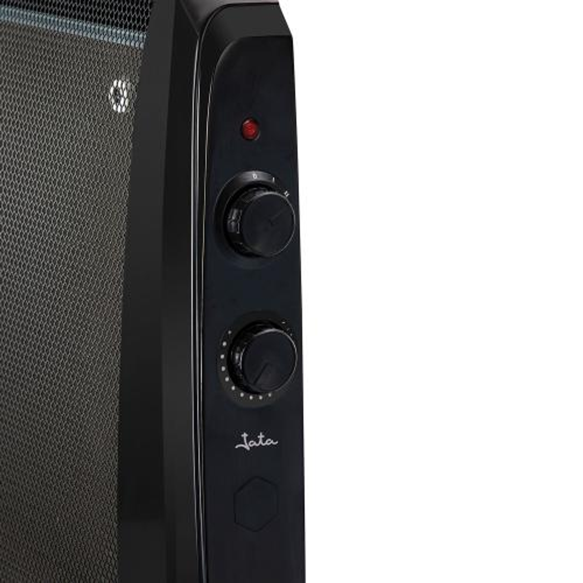 Zbliżenie czarnego grzejnika elektrycznego z dwoma pokrętłami i widoczną nazwą marki 'Jata'.