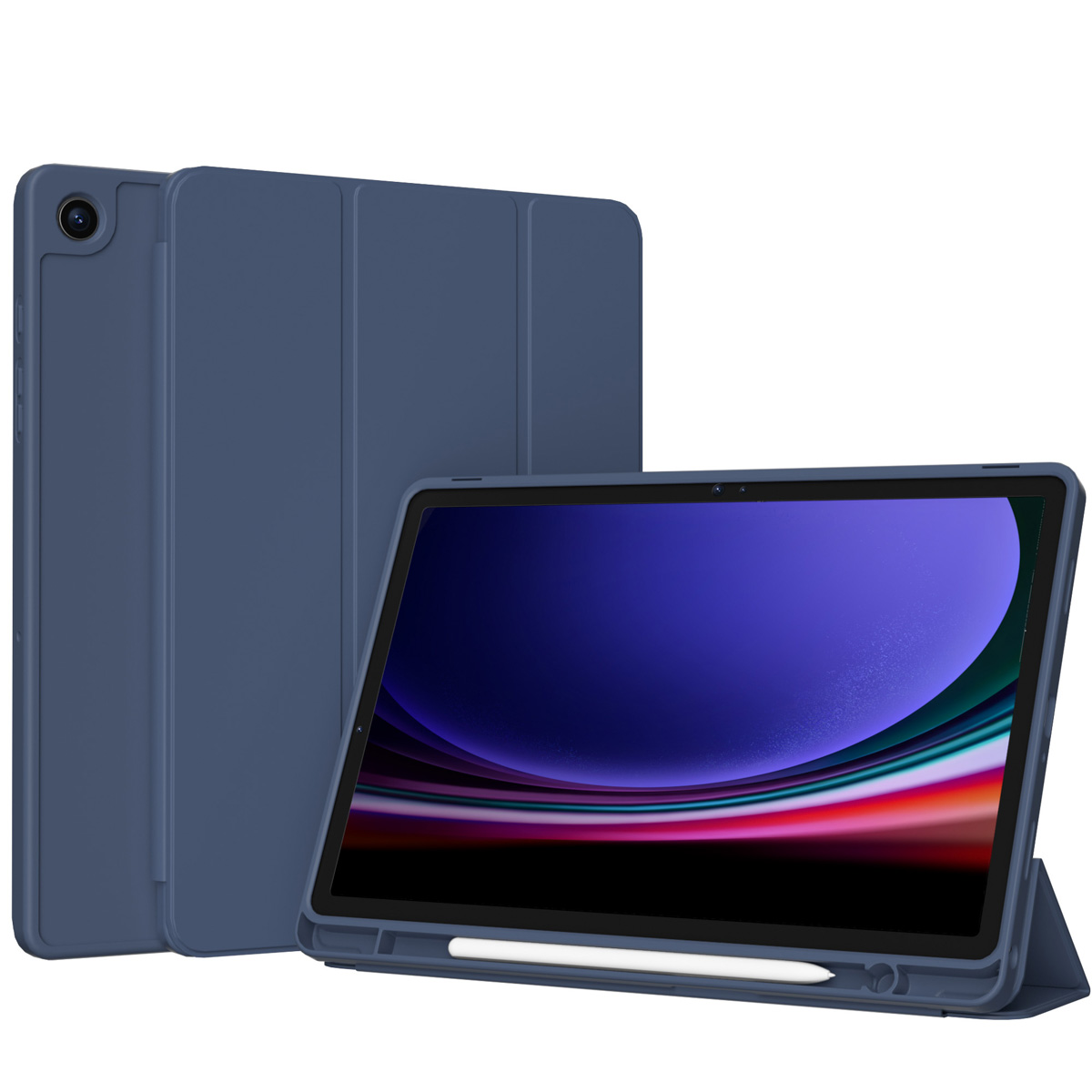 Dark blue tablet with a case, and a stylus. The tablet is resting on the case.