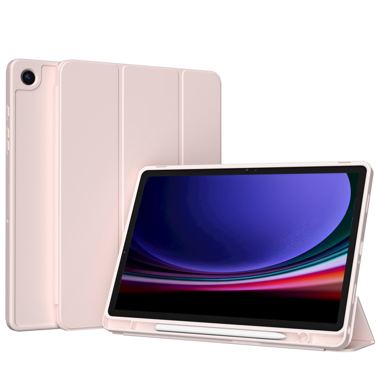 Tablet in pink case, displaying a colorful background, with a pen.