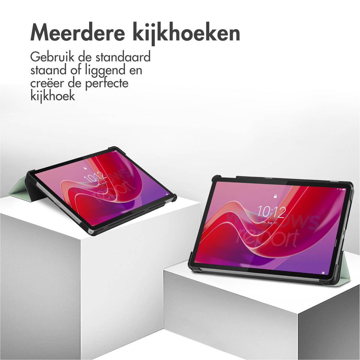 Two tablets on white blocks with covers. Text in Dutch reads 'Multiple viewing angles'.