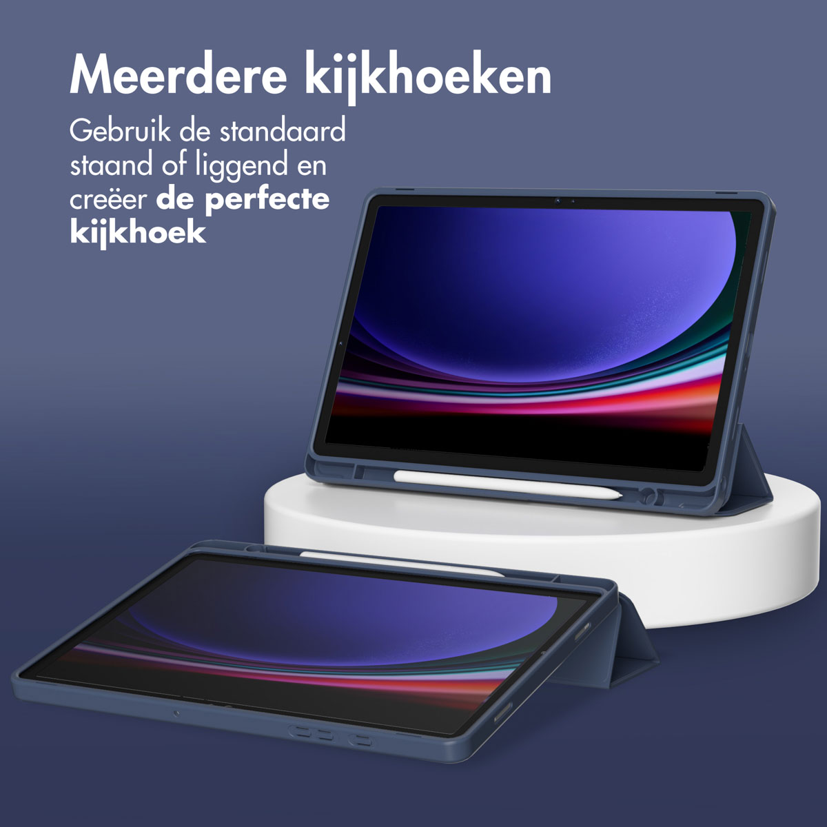 Tablets in blue cases, one open and one closed. White platform, blue background.