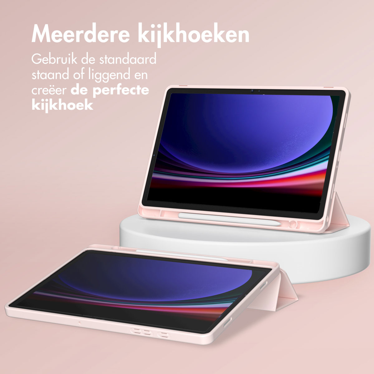 Pink tablet case, open and closed. Displaying a tablet with pink case, standing on a white pedestal.