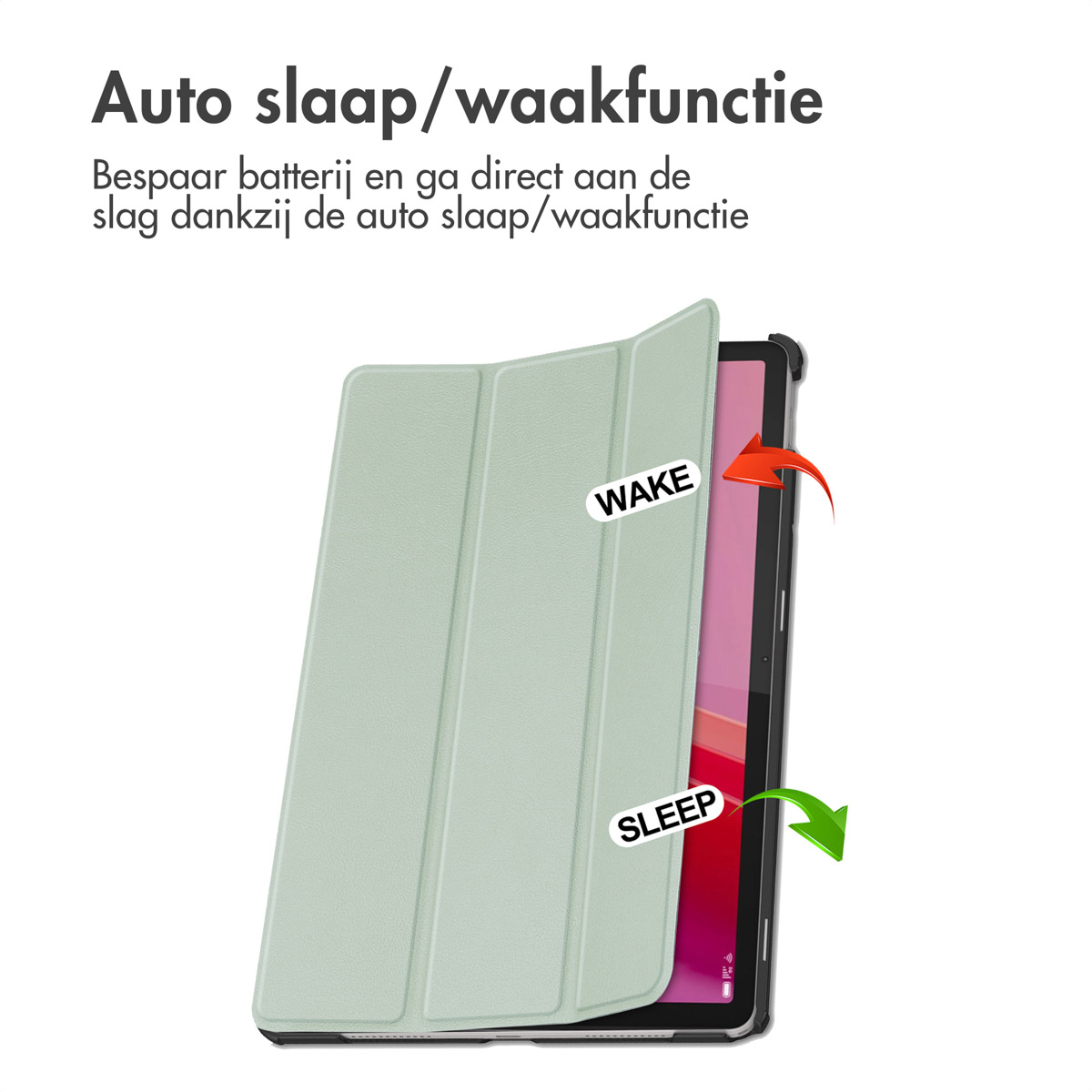 A tablet case, opened, displaying a tablet. Shows 'WAKE' and 'SLEEP' labels.