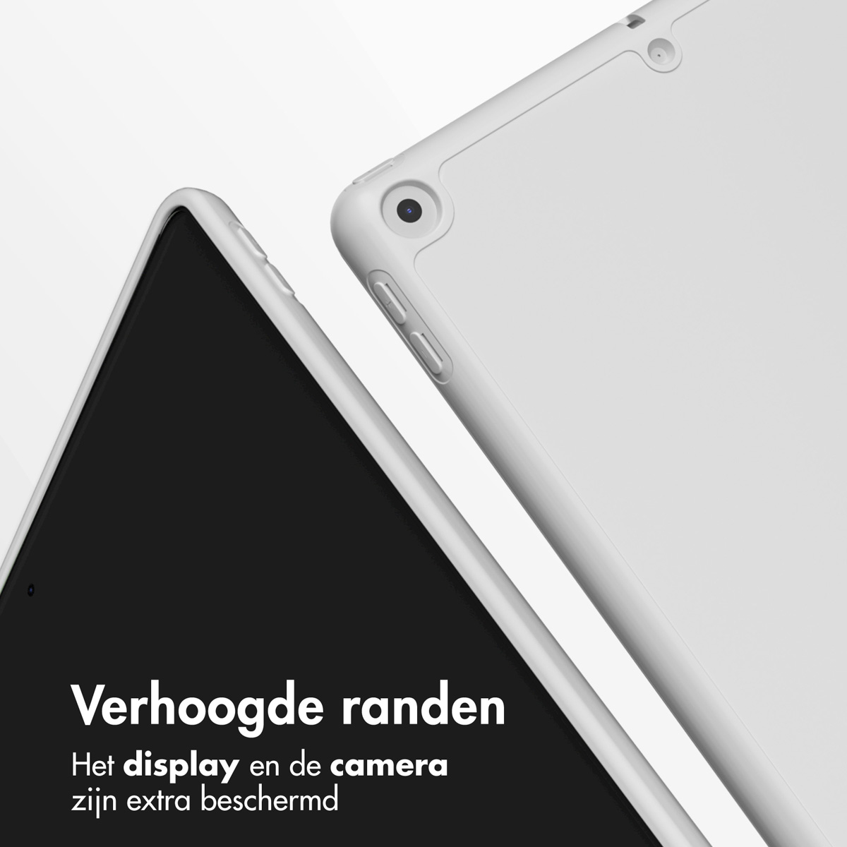 Tablet met witte hoes, zwart scherm. Witte achtergrond, tekst onderaan.