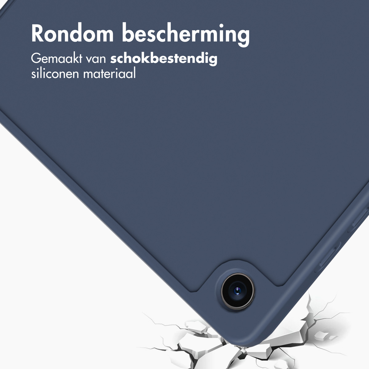 A blue tablet case is angled, showing a corner. The tablet is angled with a cracked background.