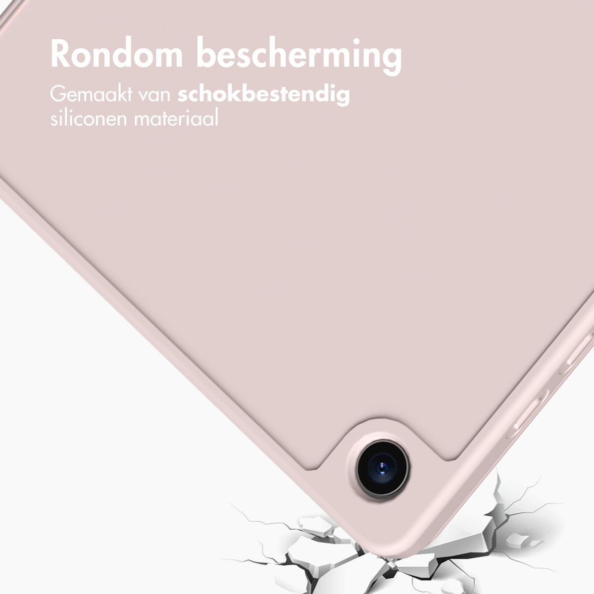 A pink tablet case with a black camera, and cracks on the ground.