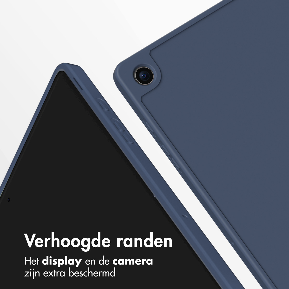 A close-up of a tablet with a blue case, showing the screen and camera details.