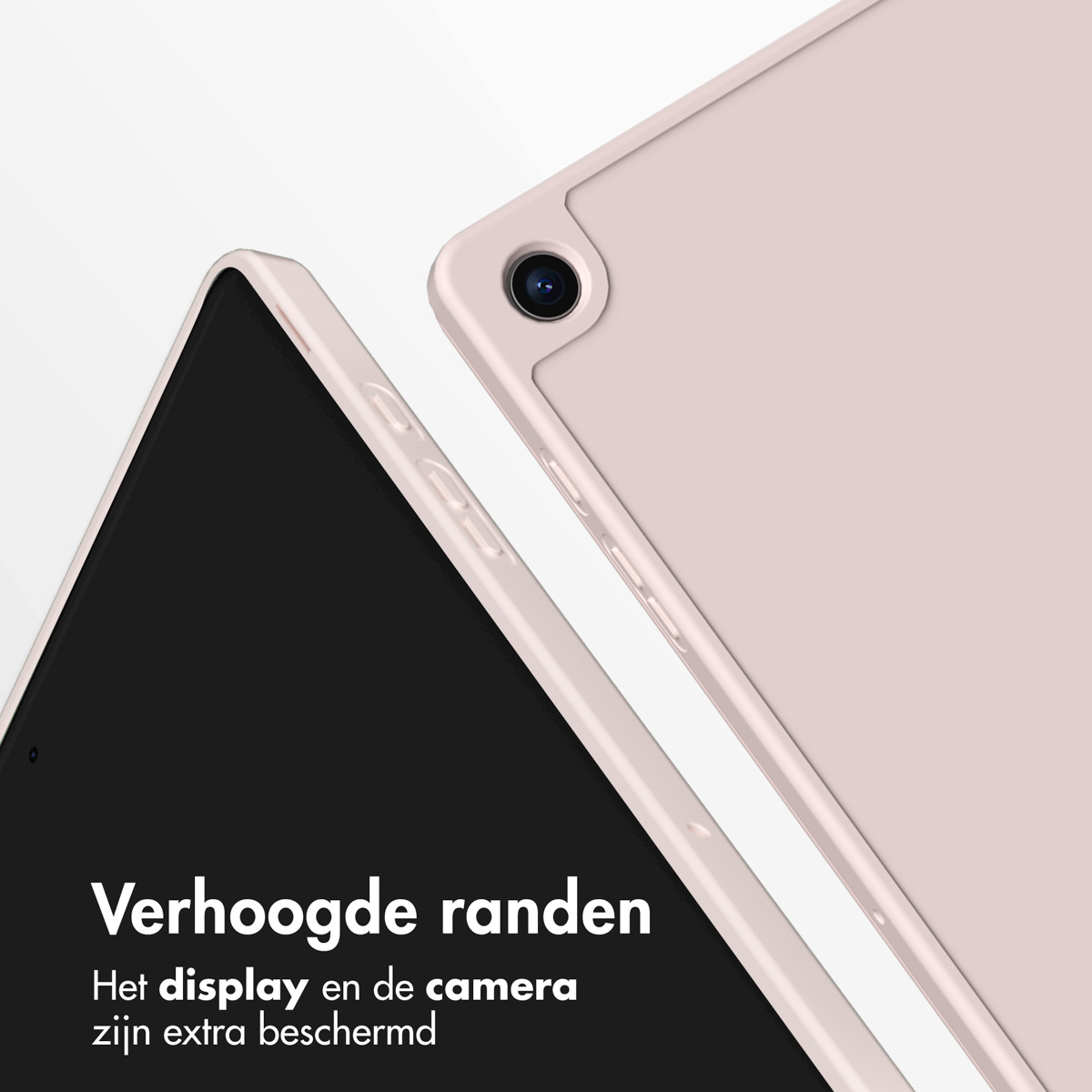 Close-up of a pink iPad case with the display and camera visible.