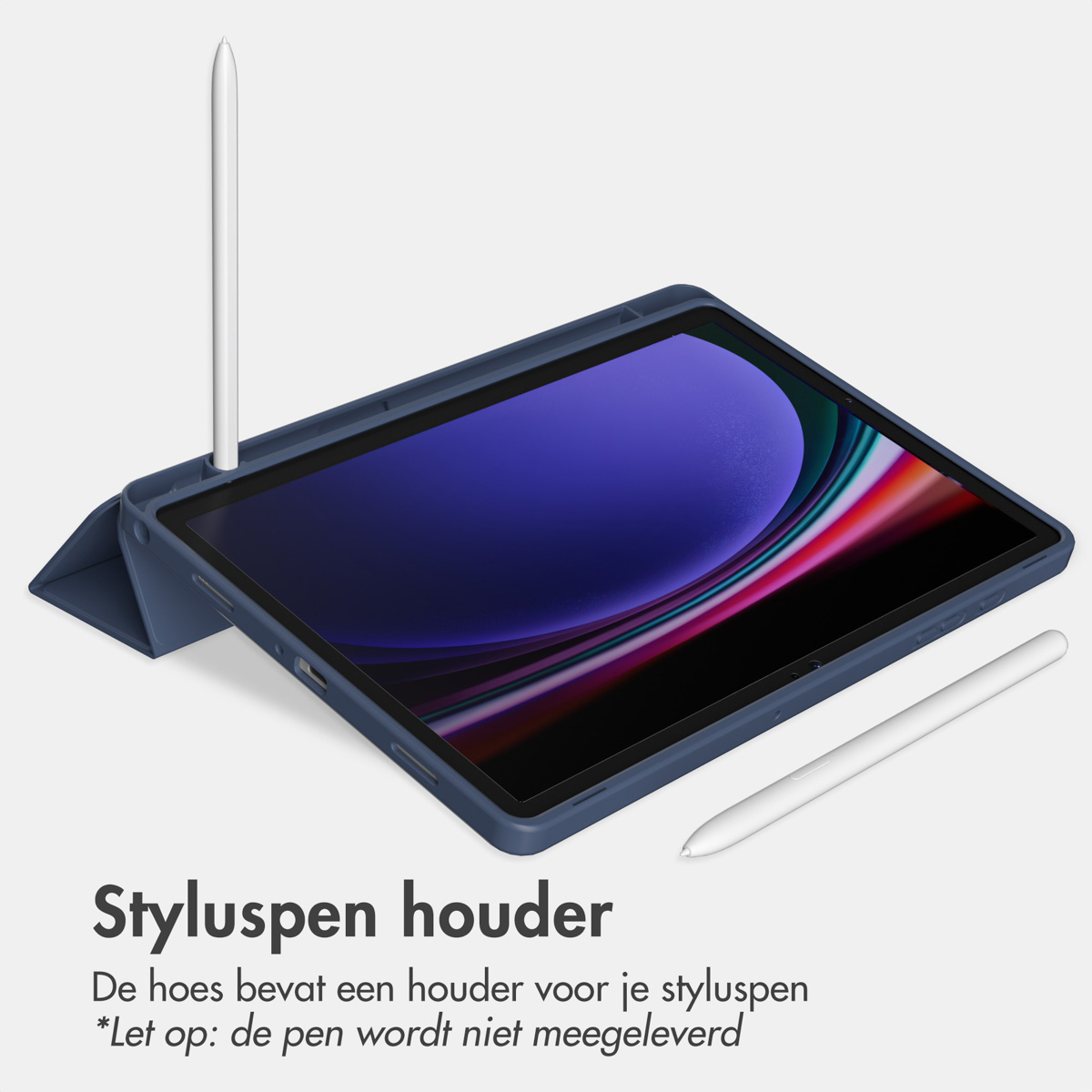 Blue tablet with stylus in holder, second stylus laying down, light background.