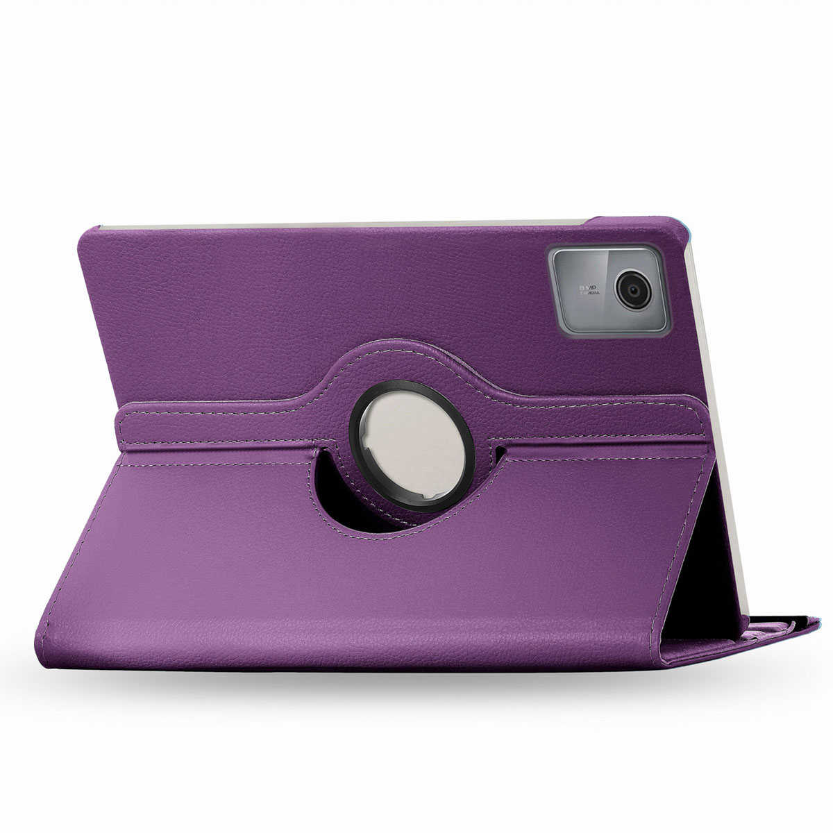 Paarse tablethoes met een draaiende ring en een tablet erin.