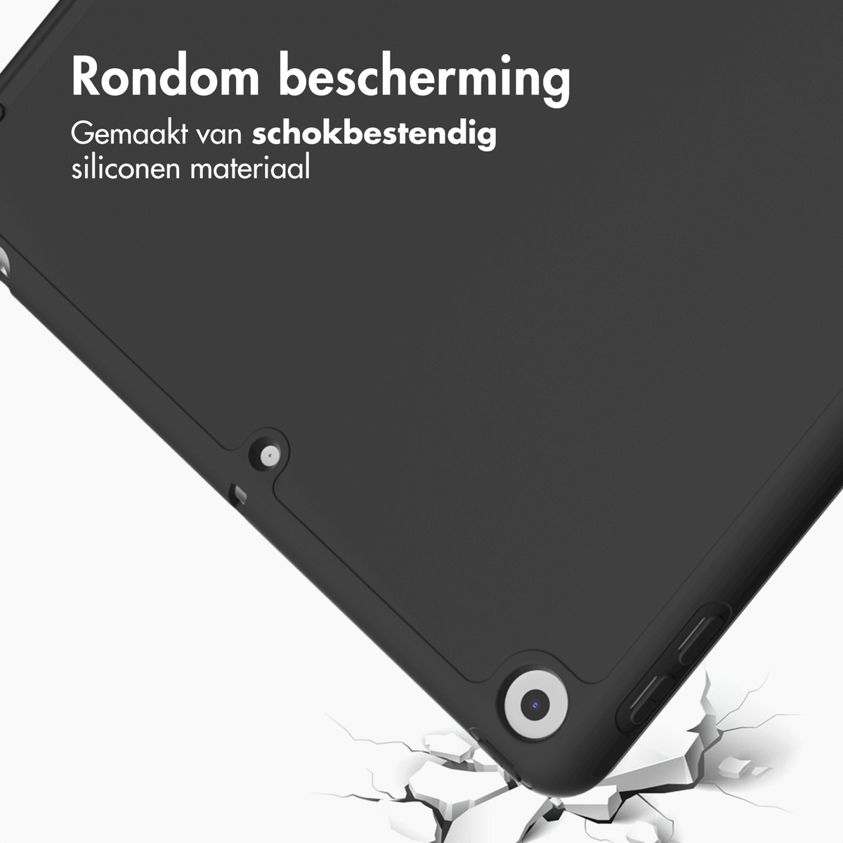 Black tablet case corner, with camera and button cutouts. White cracked ground.