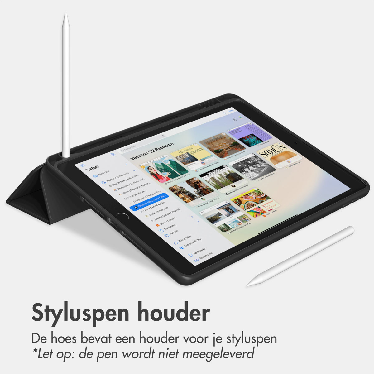 Tablet with stylus pen, showing a webpage with several images.