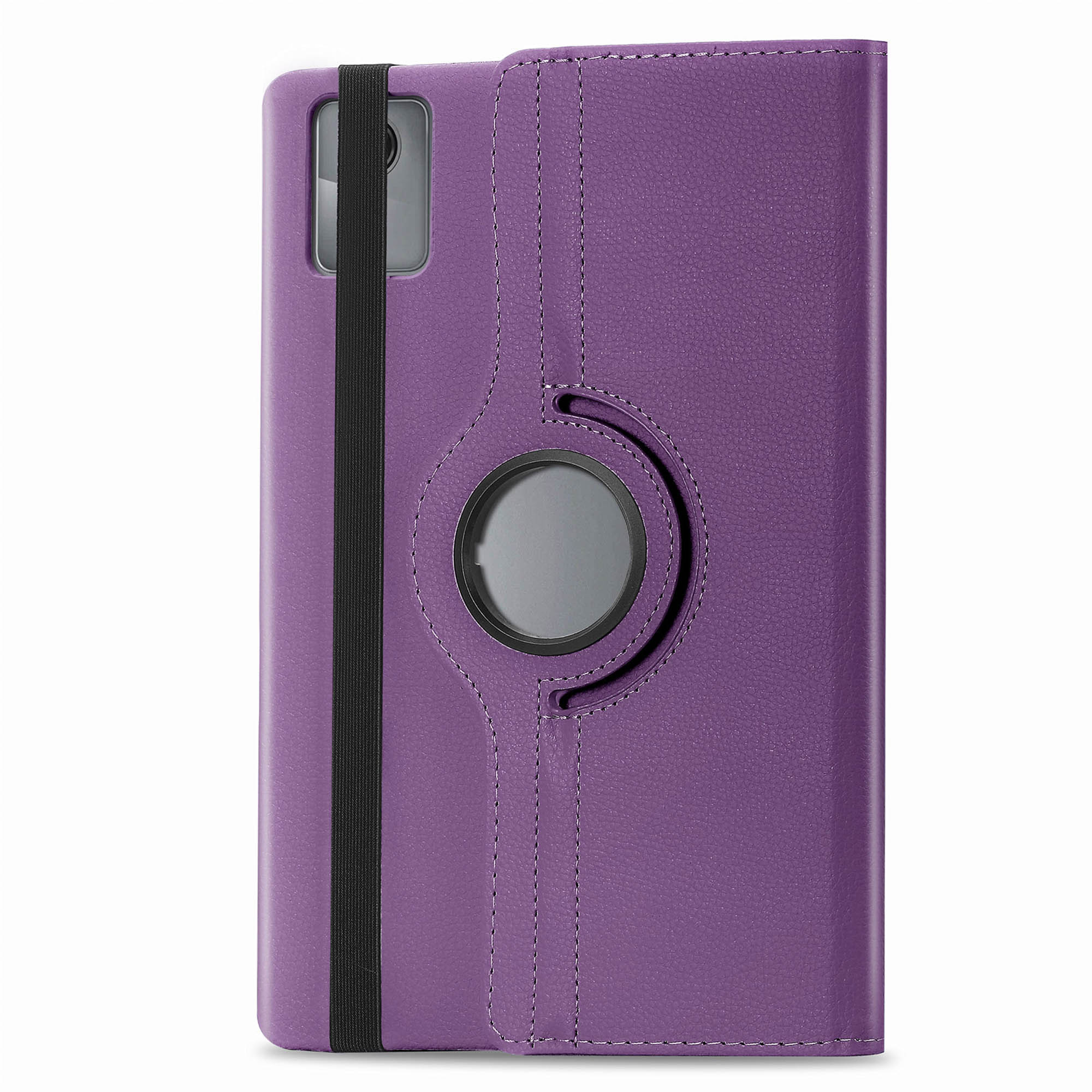 Paarse tabletcase gesloten, elastische band, camera-uitsparing, lichte achtergrond.