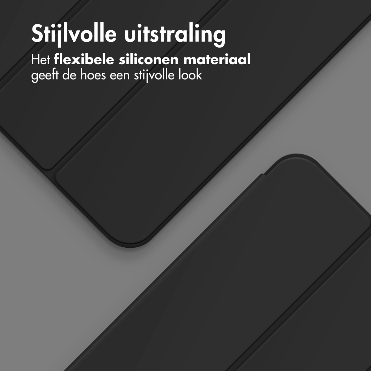 Twee zwarte telefoonhoesjes op een grijze achtergrond. Tekst in het Nederlands. Het materiaal is siliconen.