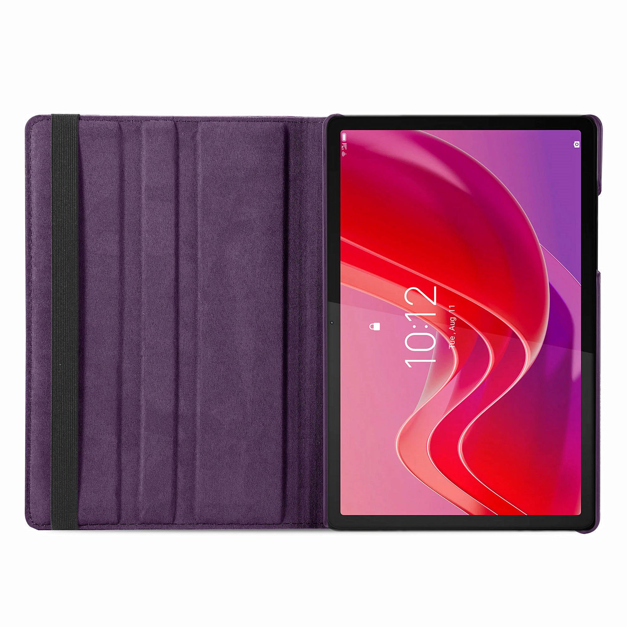Een tablet in een paarse hoes. Het scherm toont roze en rode kleuren.