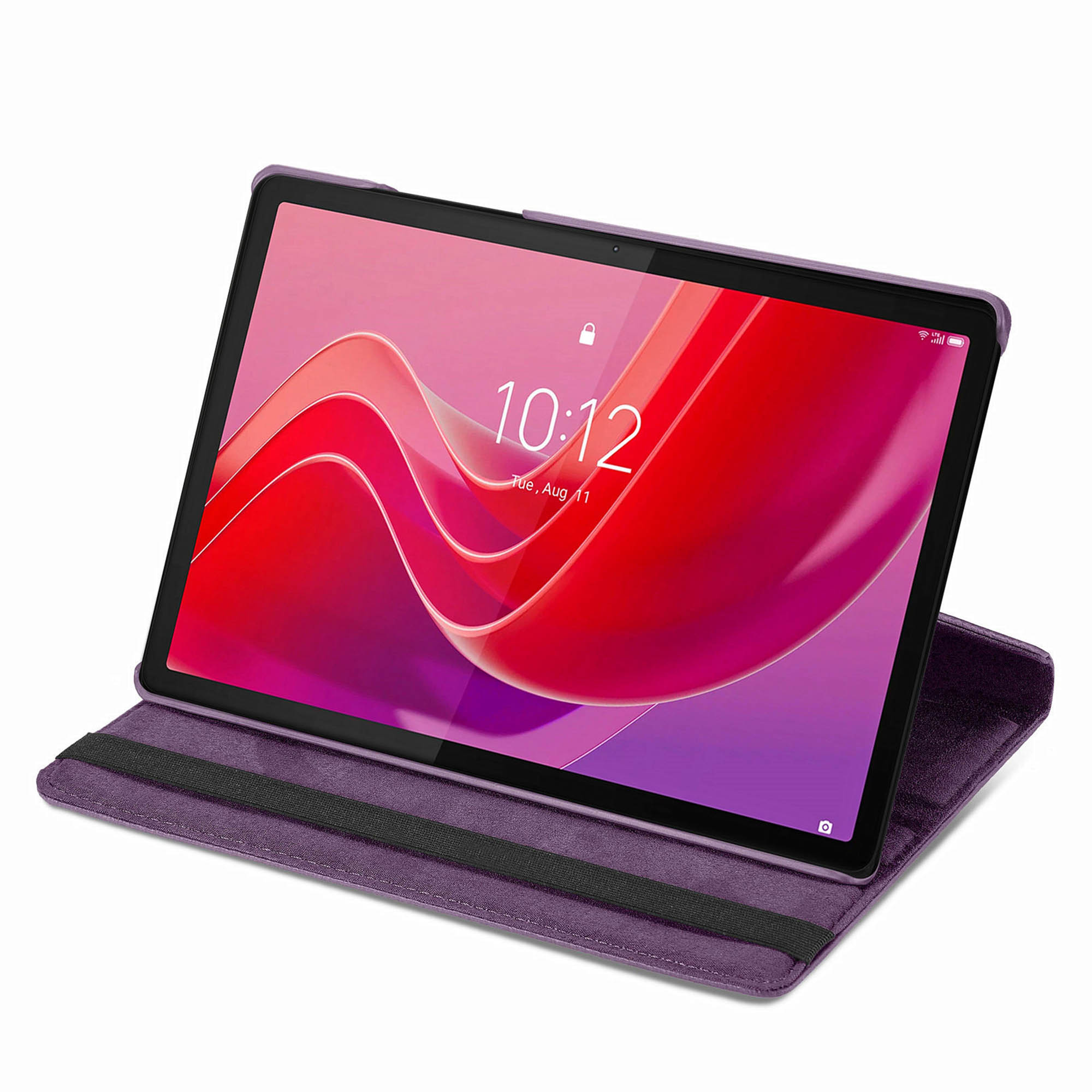 Tablet in paarse hoes, open. Zwarte rand, roze scherm. Paarse cover. Witte achtergrond.