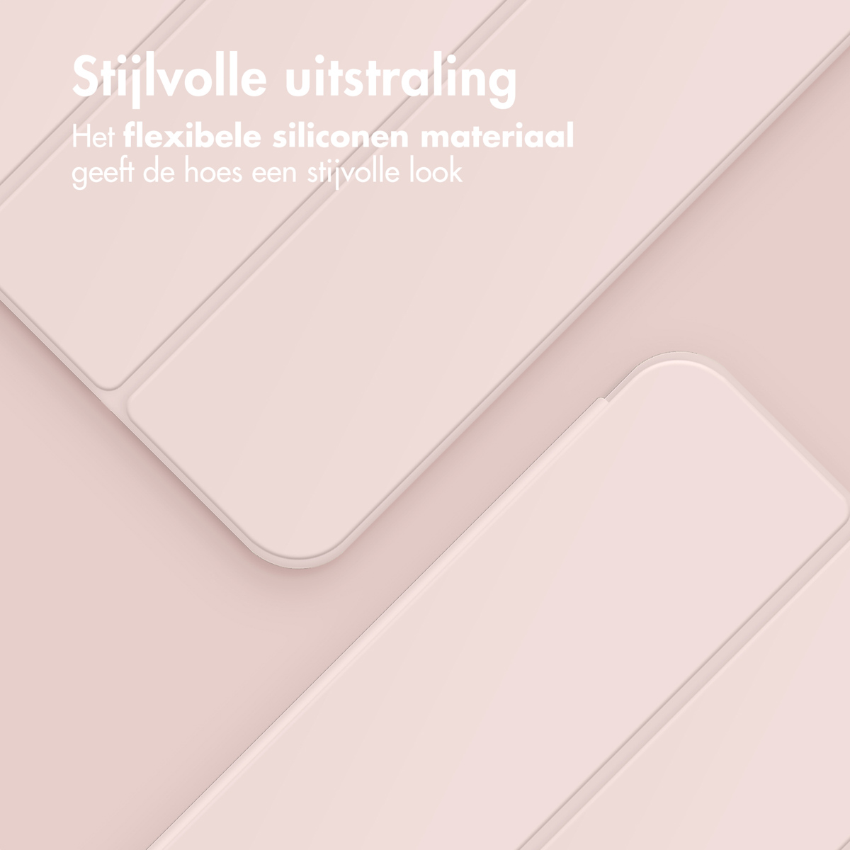 Twee roze telefoonhoesjes op een roze achtergrond met tekst in het Nederlands, die het materiaal beschrijft.